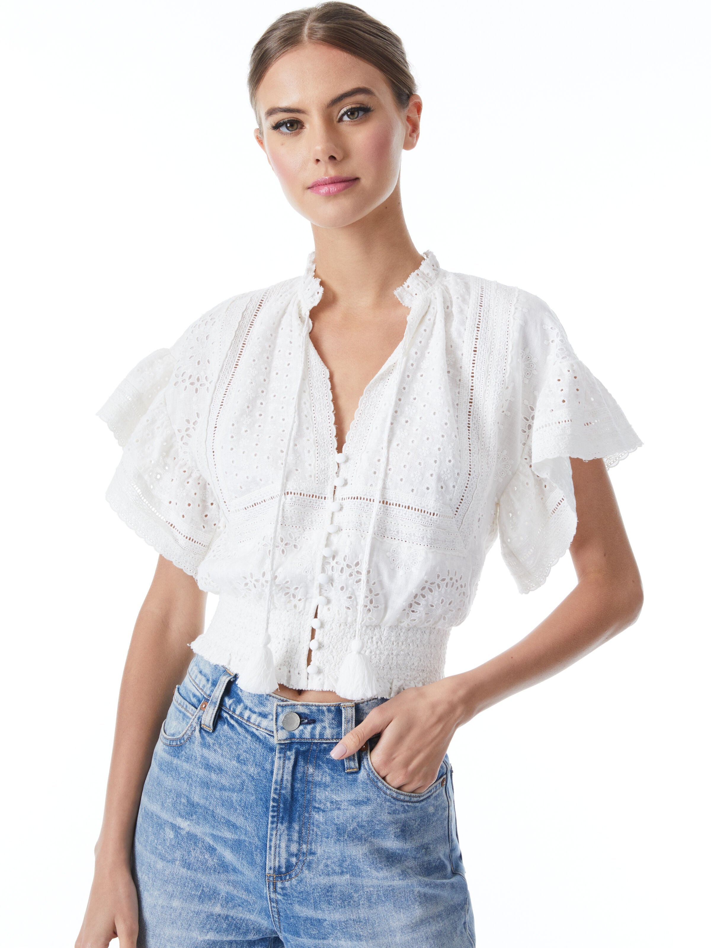 TABITHA RUFFLE SLEEVE CROPPED BLOUSE-OFF WHITE-ALICE + OLIVIA