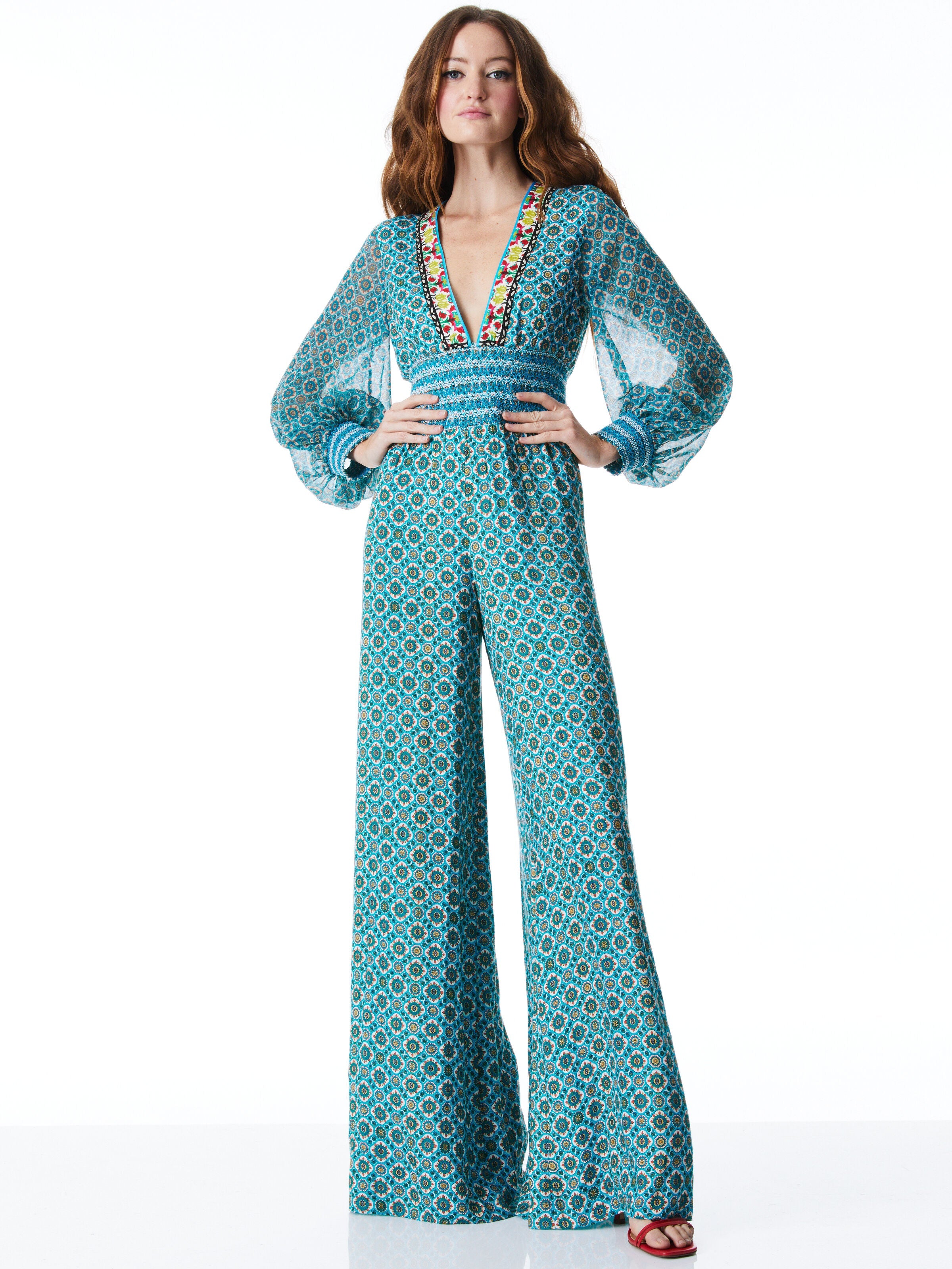 REBA SMOCKED WAIST WIDE LEG JUMPSUIT-WASHED GEO/SUNSHOWER STRIPE-ALICE + OLIVIA
