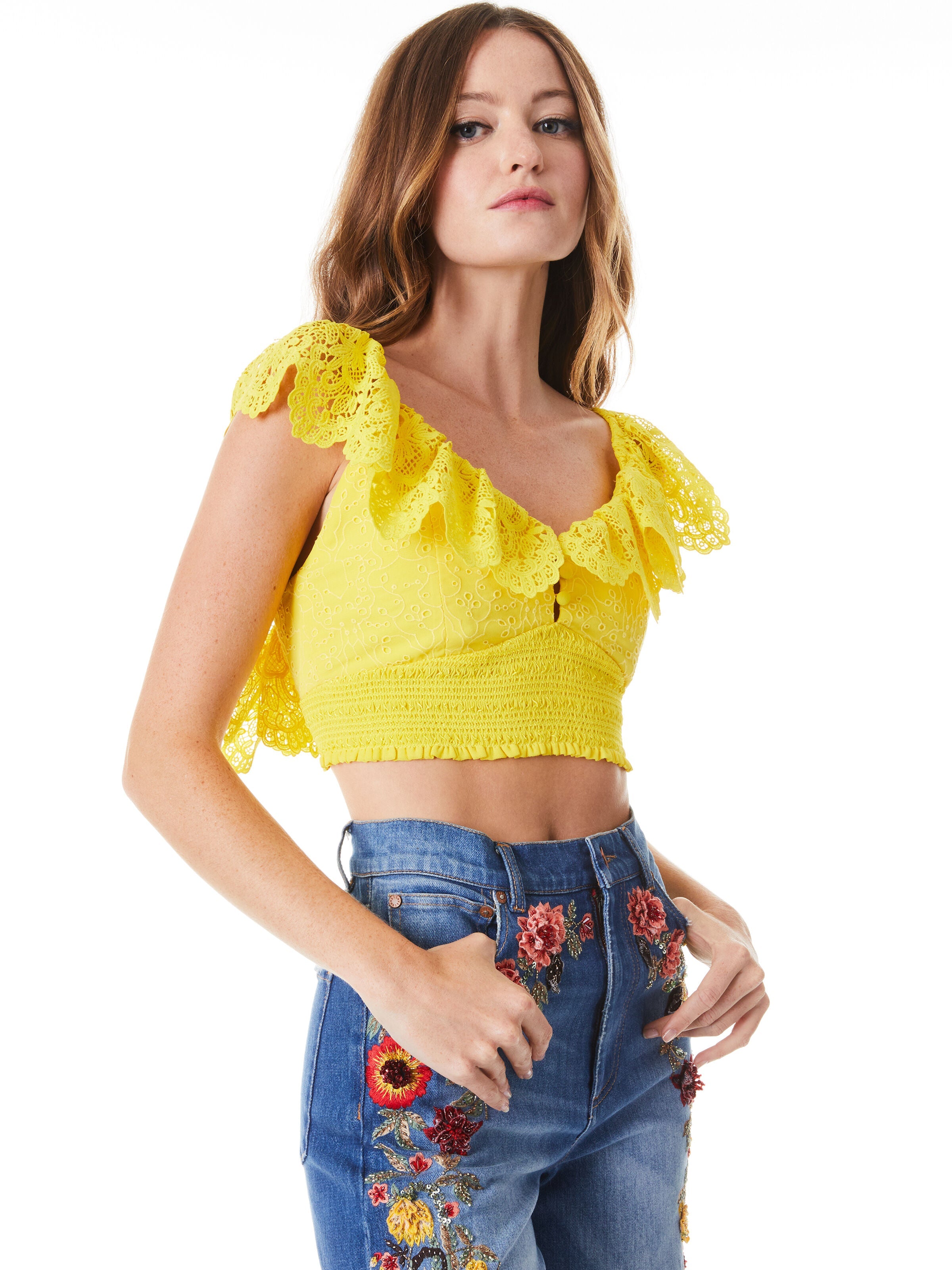 BLEEKER EYELET SMOCKED CROP TOP-OFF WHITE-ALICE + OLIVIA