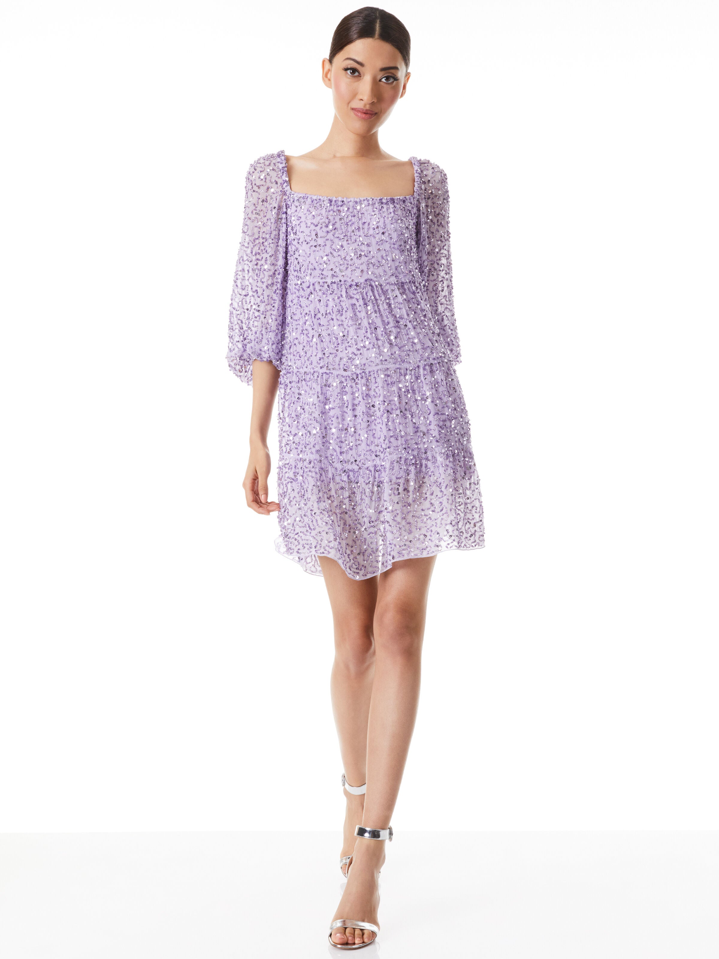 ROWEN EMBELLISHED SQUARE NECK BABYDOLL DRESS-LAVENDER-ALICE + OLIVIA