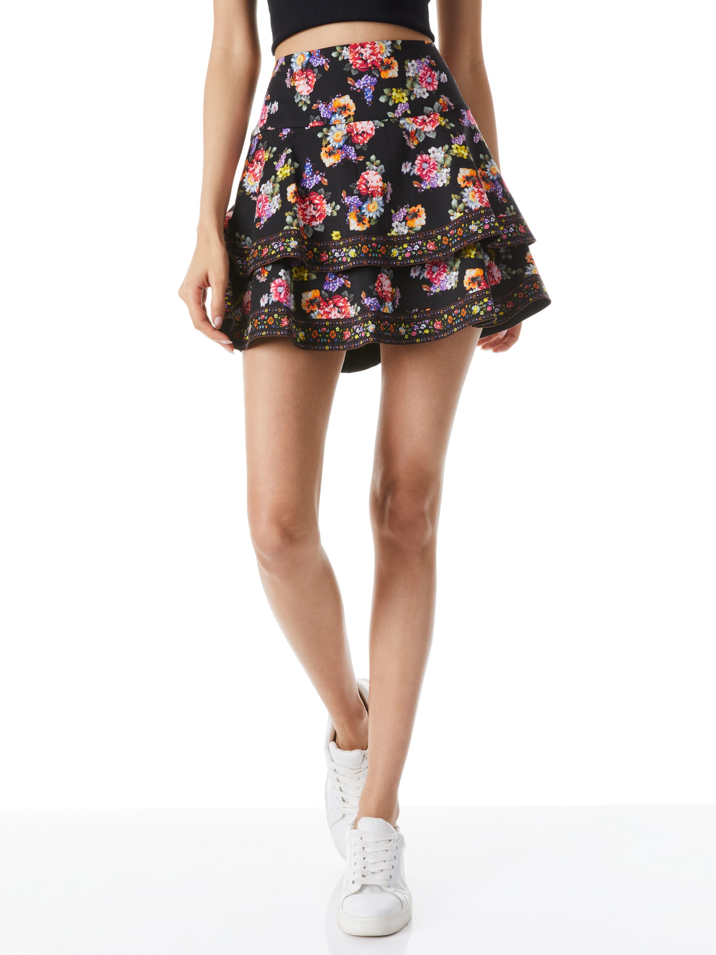 MARVIS TIERED RUFFLE MINI SKIRT-MAGNOLIA FLORAL BLACK/MULTI-ALICE + OLIVIA