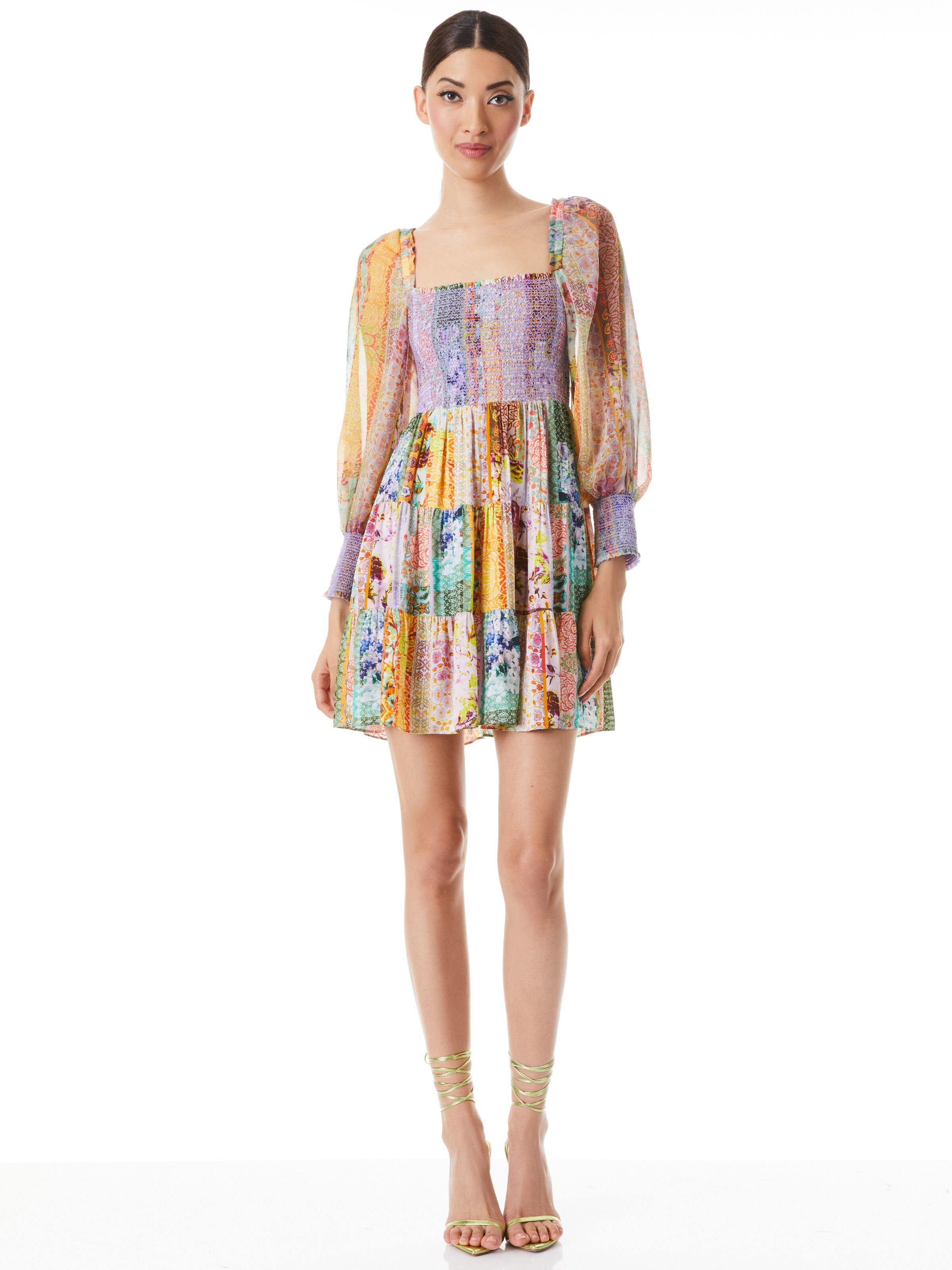 ROWEN SQUARE NECK TIERED MINI DRESS-VINTAGE SUMMER LAVNDR FLDS-ALICE + OLIVIA