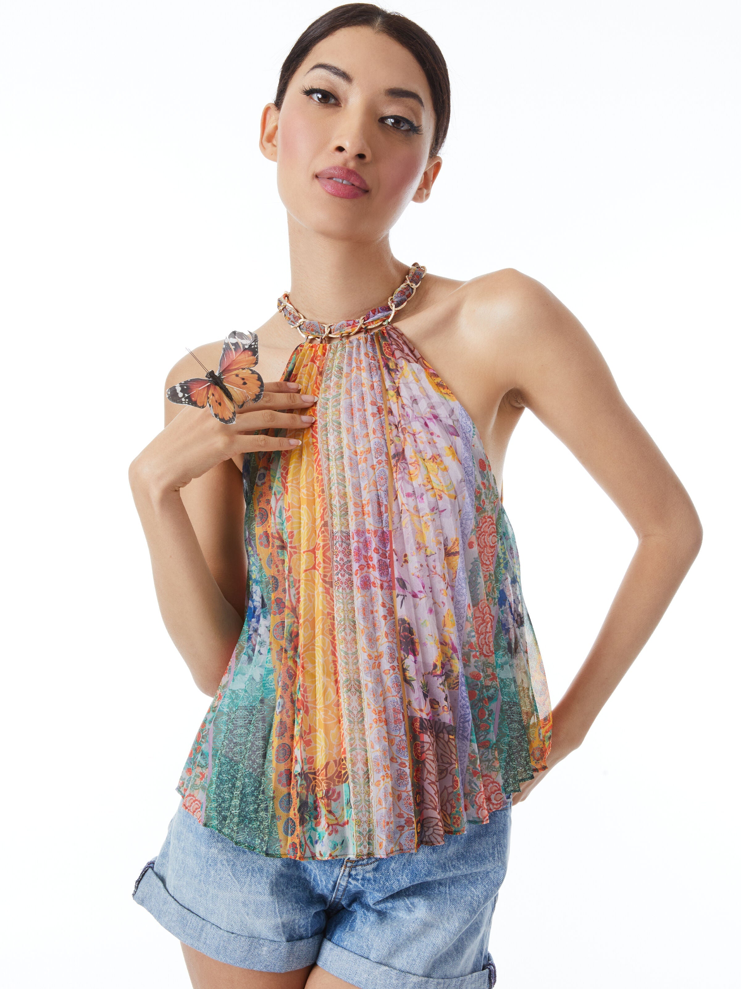 ALYCIA CHAIN NECK PLEATED TOP