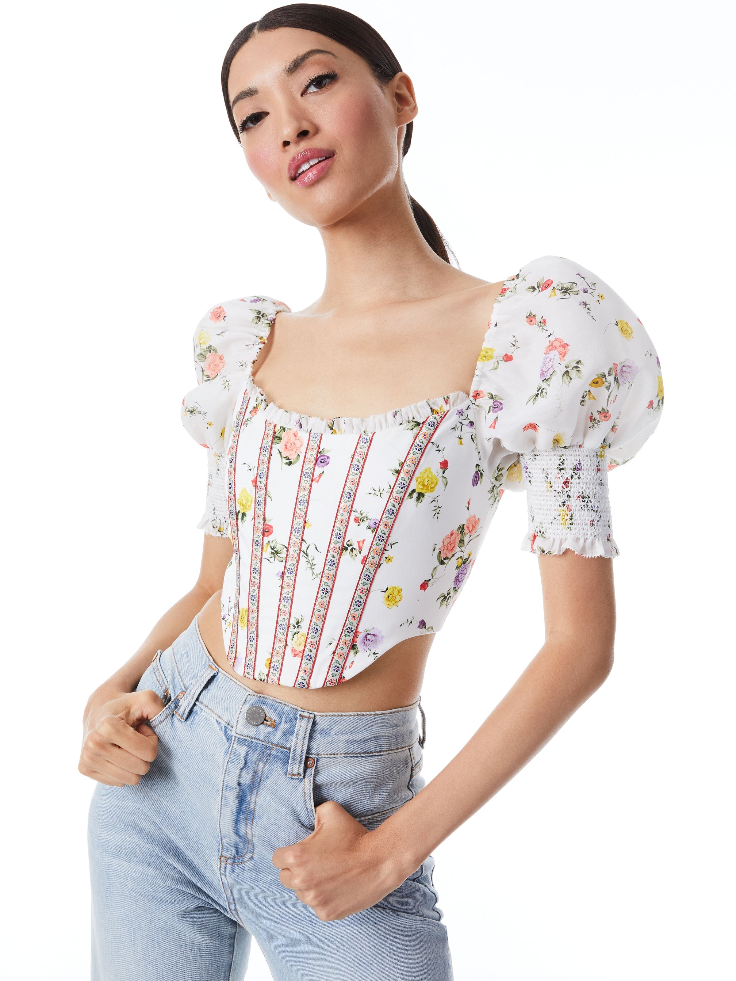 AUDIE BLOUSON PUFF SLEEVE CORSET TOP-MULTI-ALICE + OLIVIA