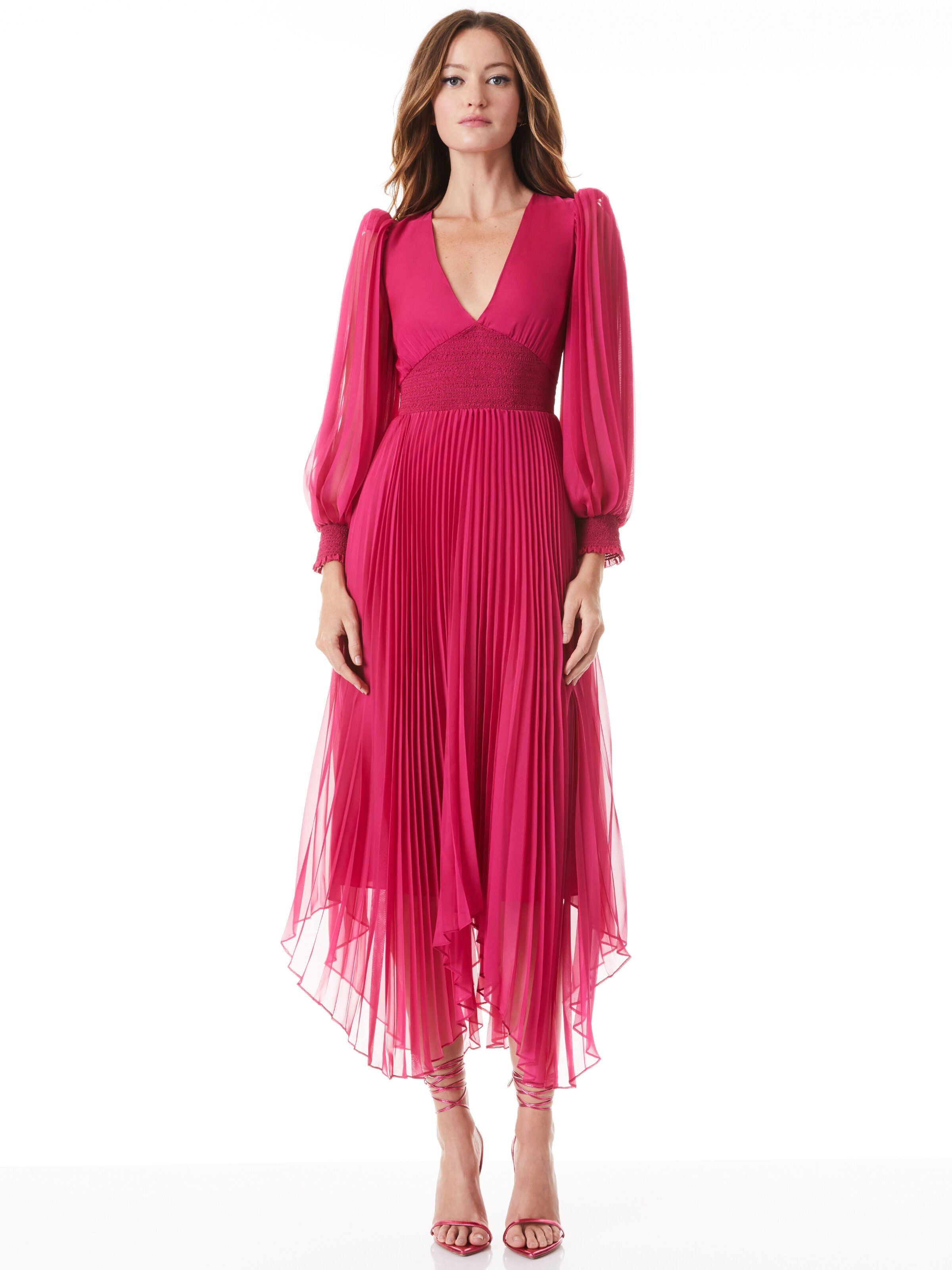 SION SUNBURST PLEATED SMOCKED WAIST MIDI DRESS