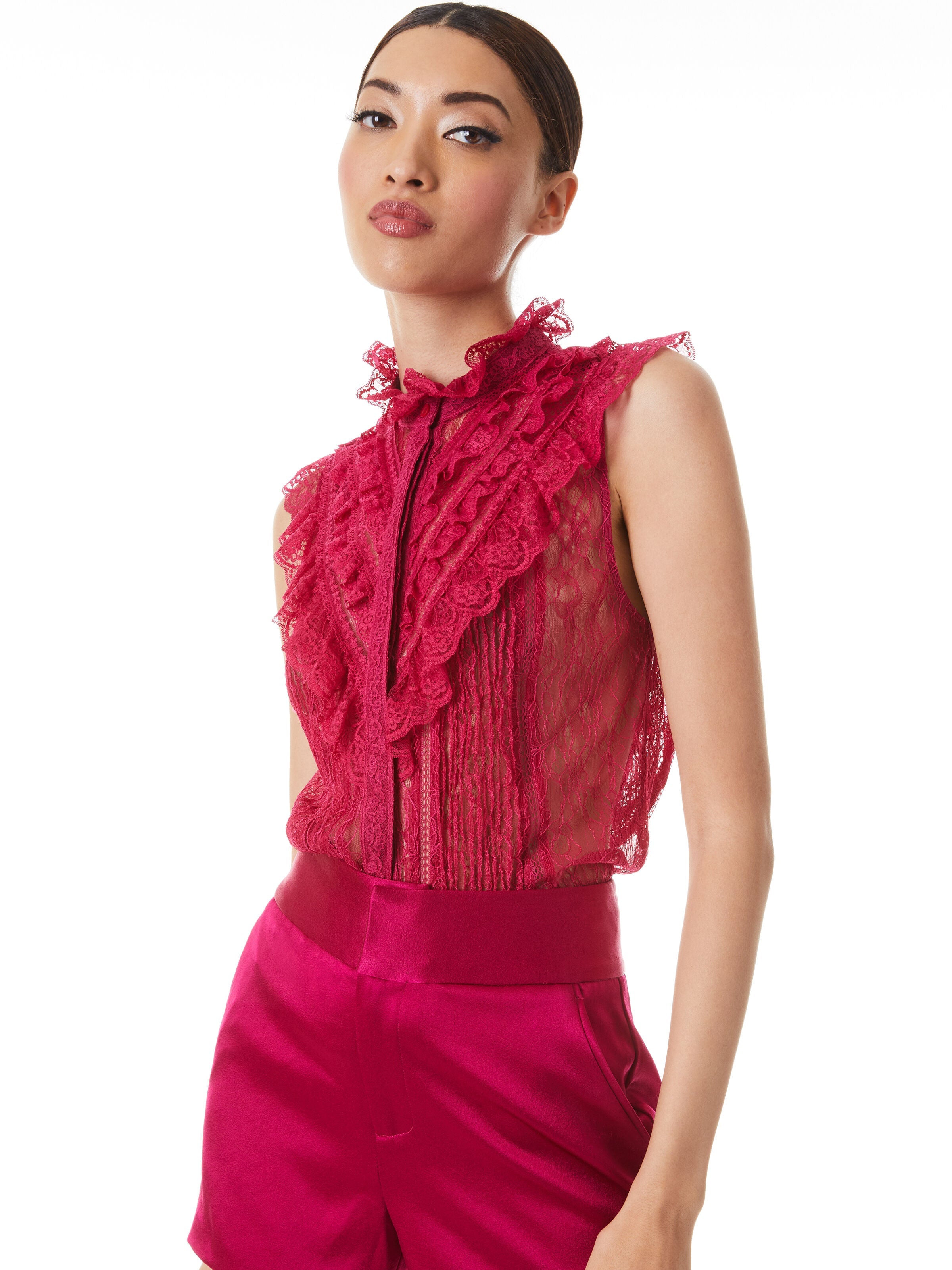 RHEBA SLEEVELESS MOCK NECK LACE TOP-ALICE + OLIVIA