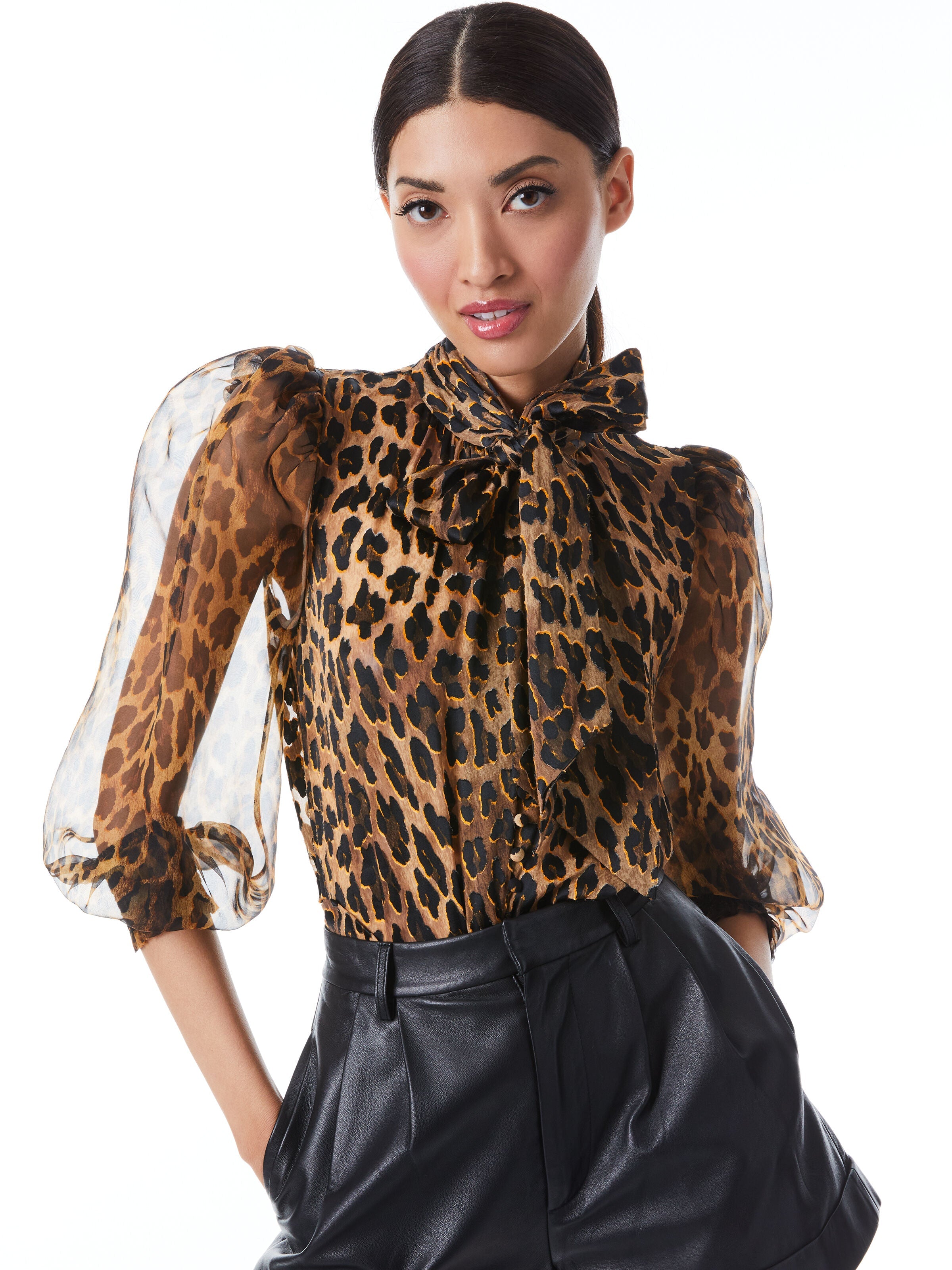 BRENTLEY TIE NECK BLOUSON SLEEVE BLOUSE-ALICE + OLIVIA