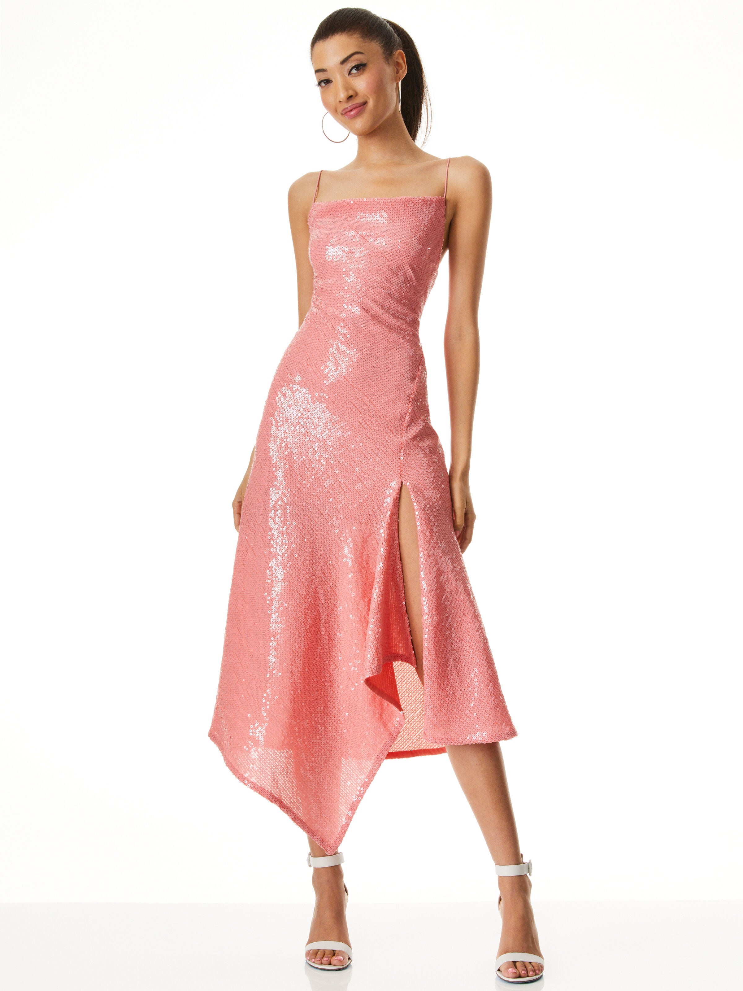 HARMONY SEQUIN ASYMMETRICAL DRESS WITH SLIT-ROSE-ALICE + OLIVIA
