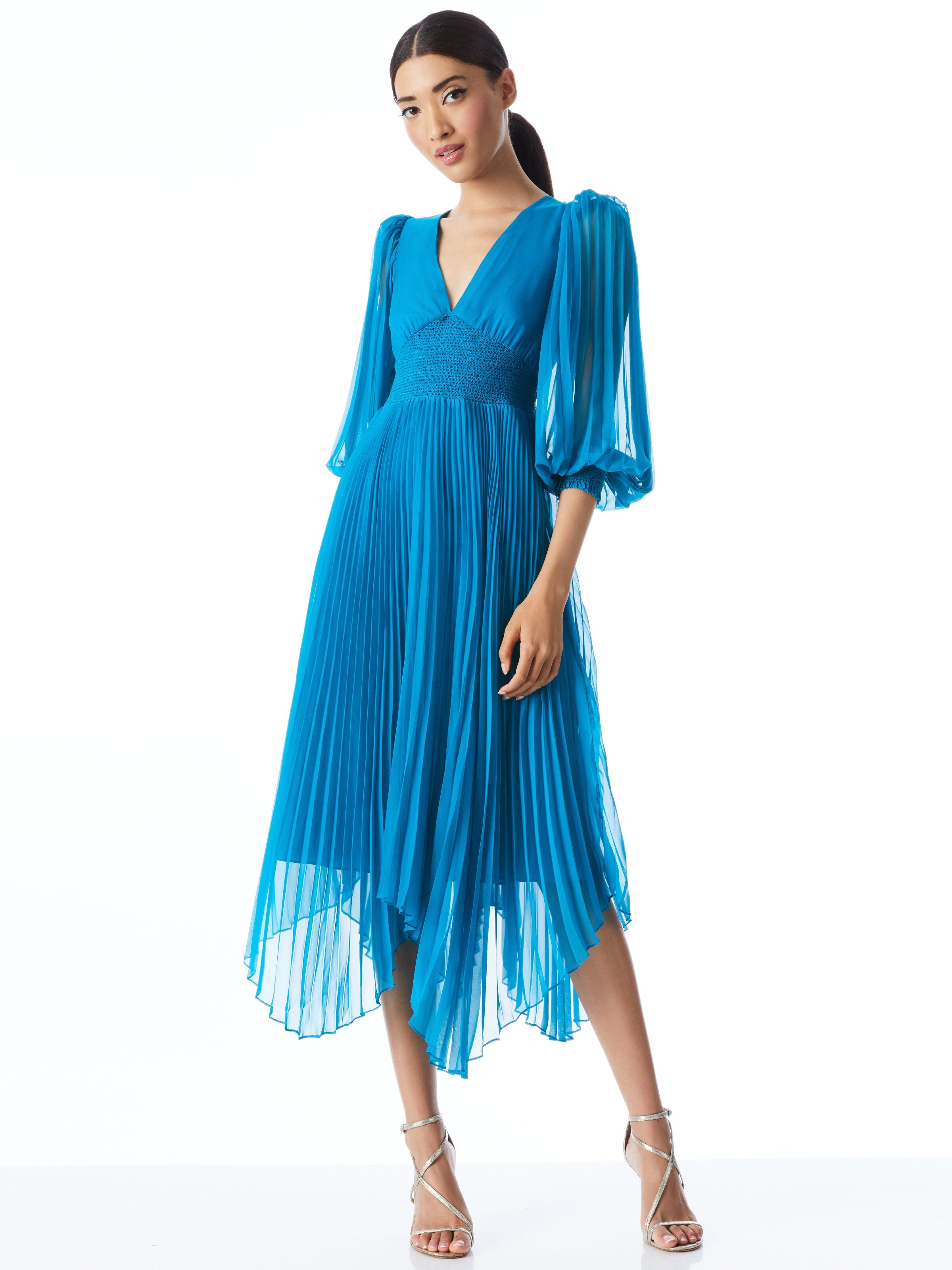 SION SUNBURST PLEATED SMOCKED WAIST MIDI DRESS-ALICE + OLIVIA