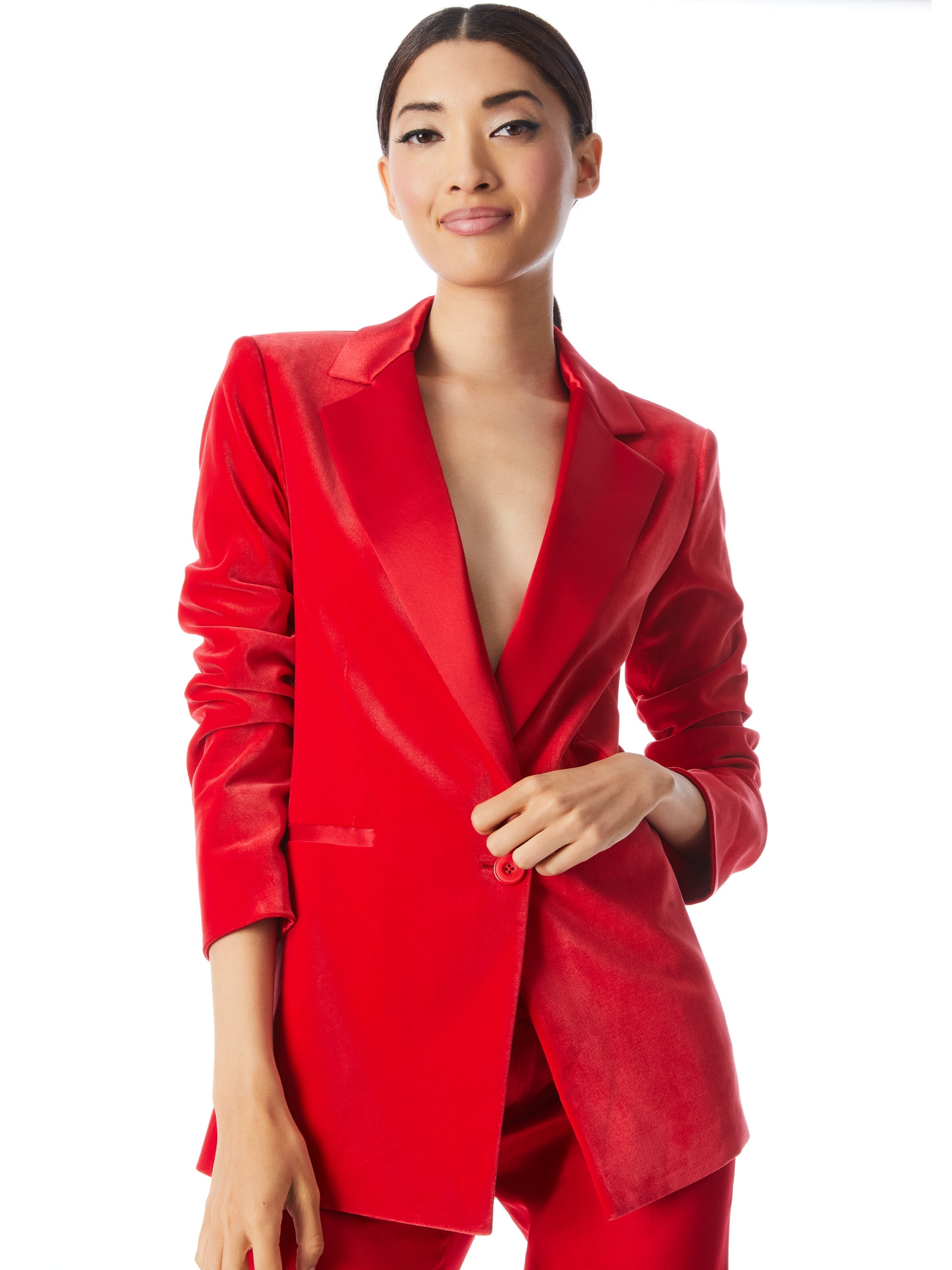 JUSTIN VELVET ROLLED CUFF BLAZER-PERFECT RUBY-ALICE + OLIVIA