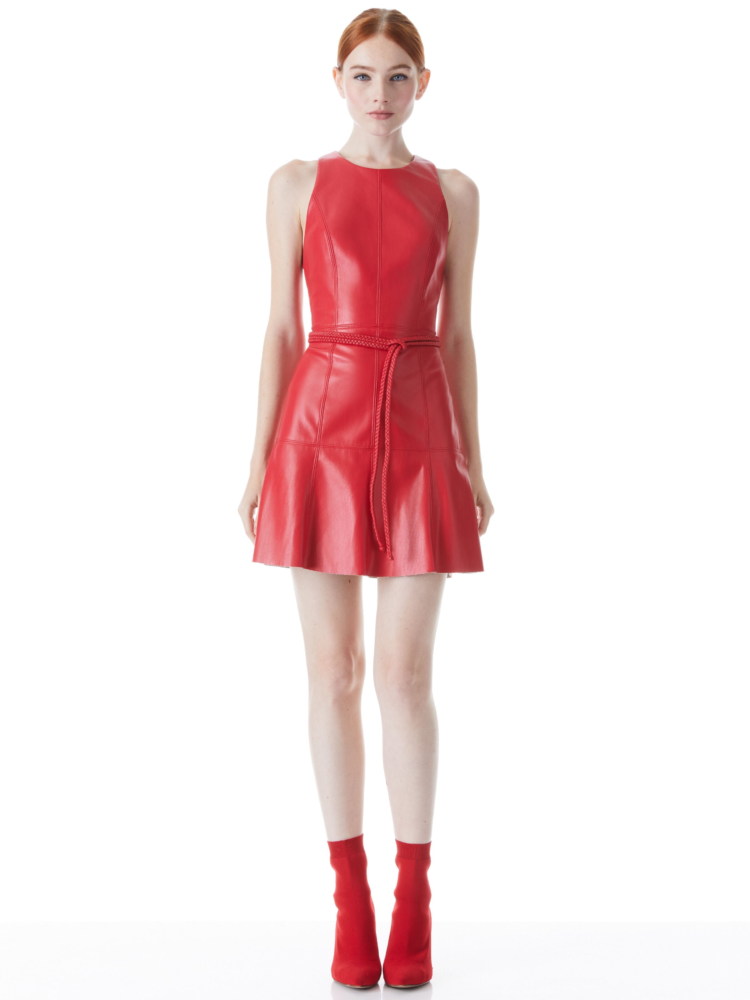 LEANDRA VEGAN LEATHER MINI DRESS-PERFECT RUBY-ALICE + OLIVIA
