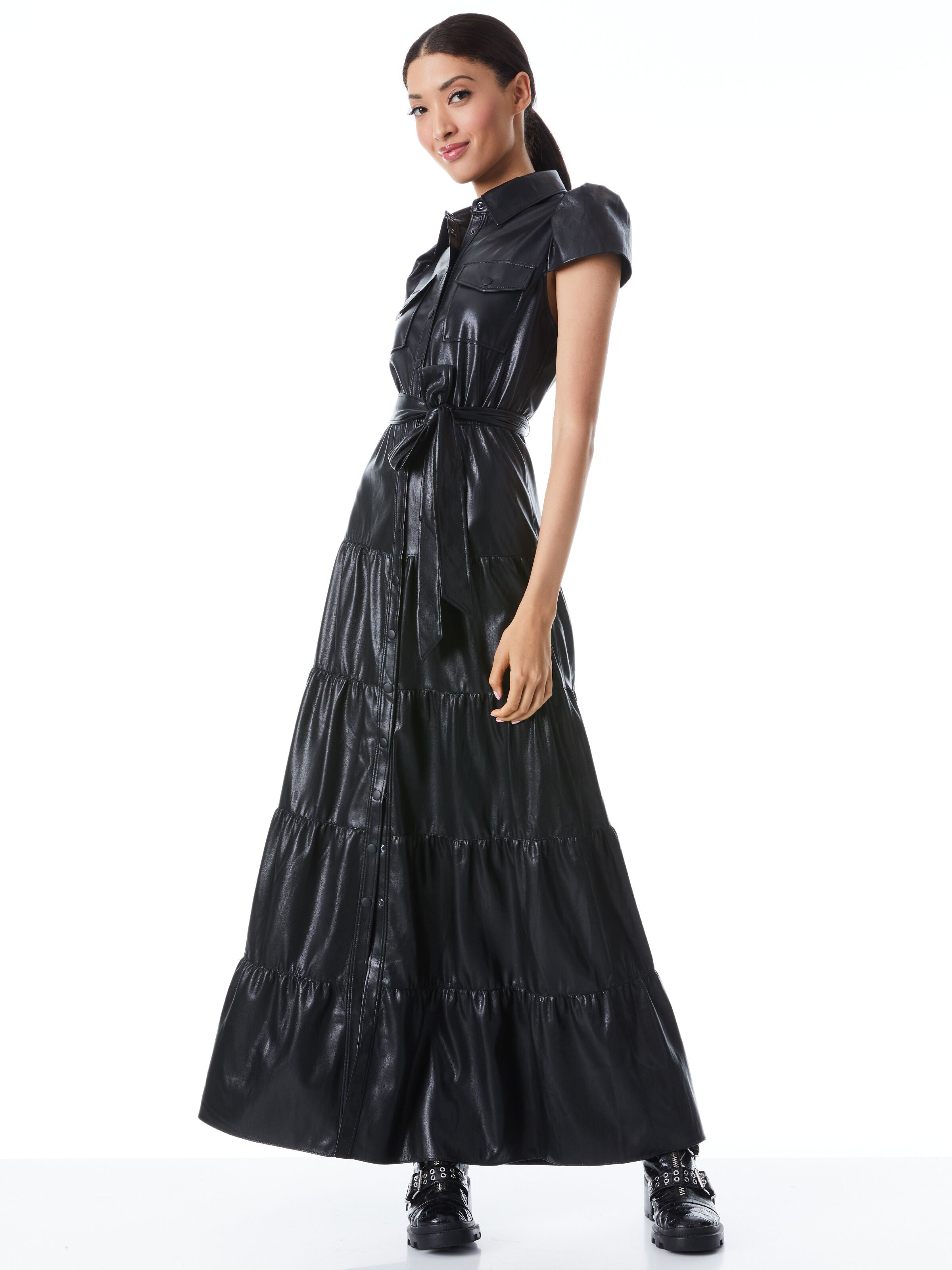 MIRANDA VEGAN LEATHER TIERED MAXI DRESS-ALICE + OLIVIA