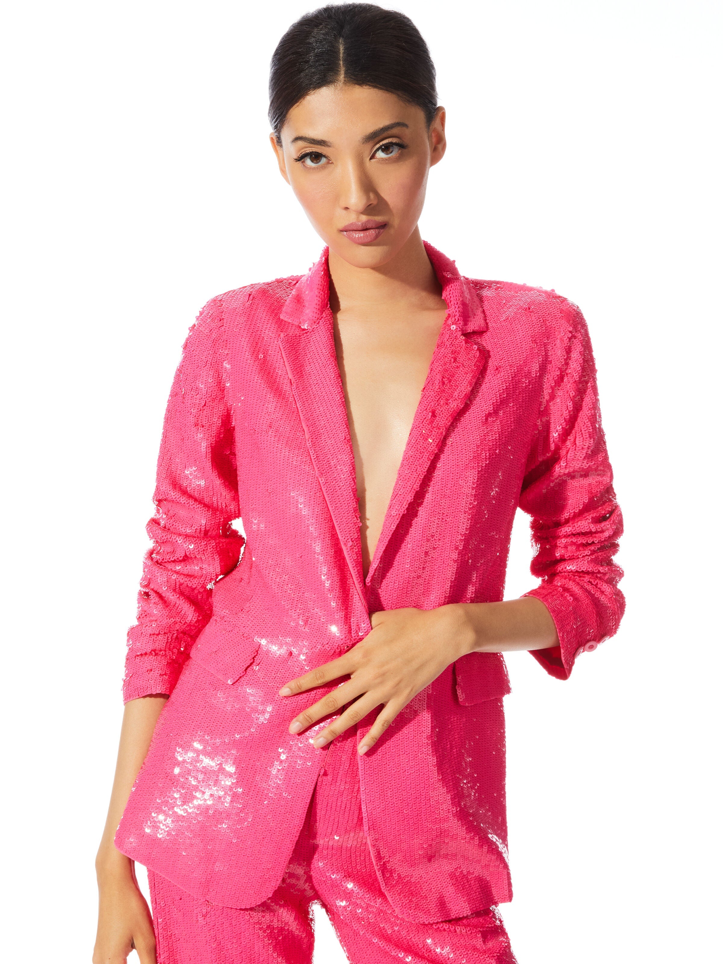 MACEY SEQUIN NOTCH COLLAR BLAZER-WILD PINK-ALICE + OLIVIA
