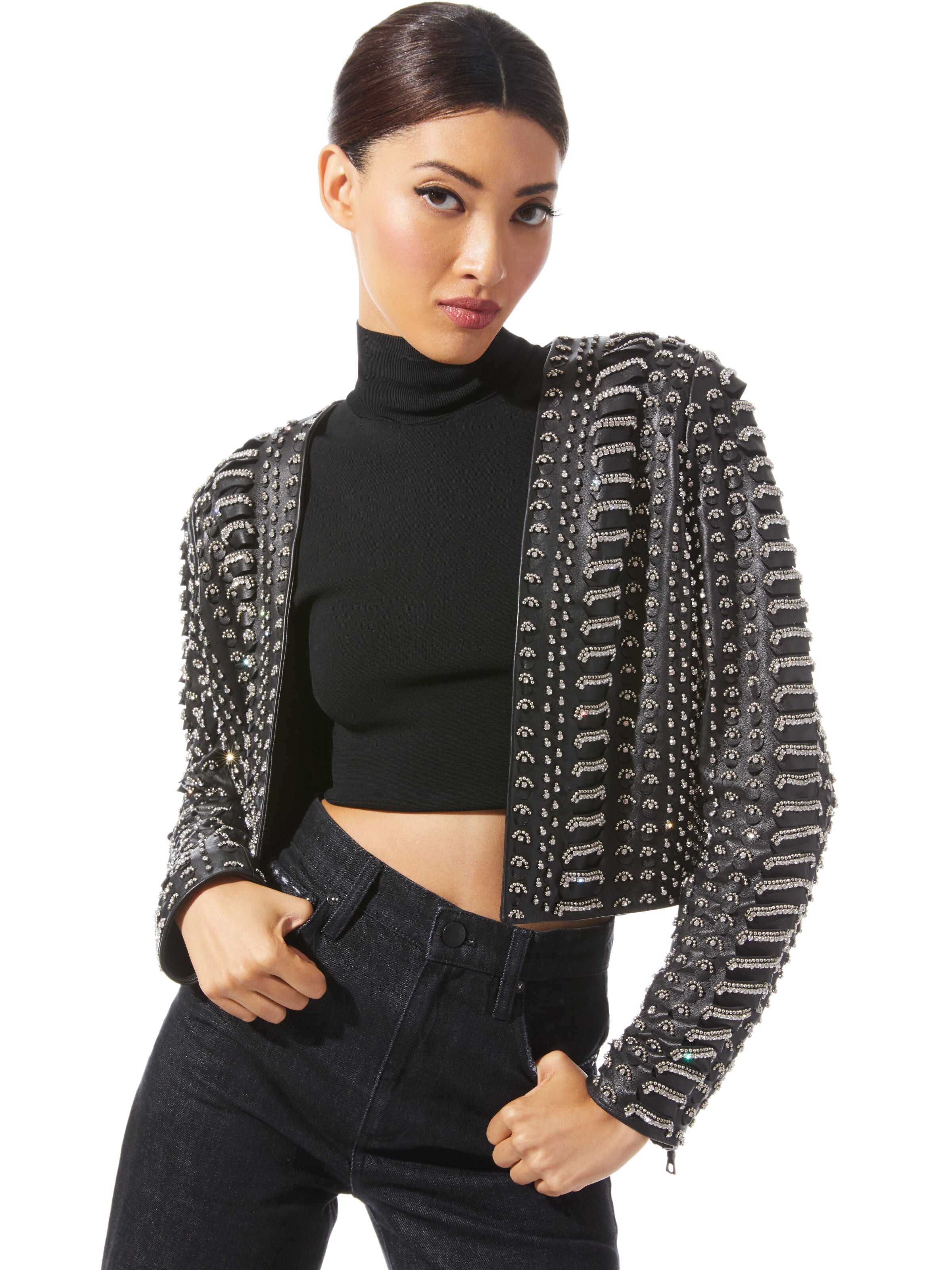 ZETA EMBELLISHED LEATHER CROPPED JACKET-Black-ALICE + OLIVIA