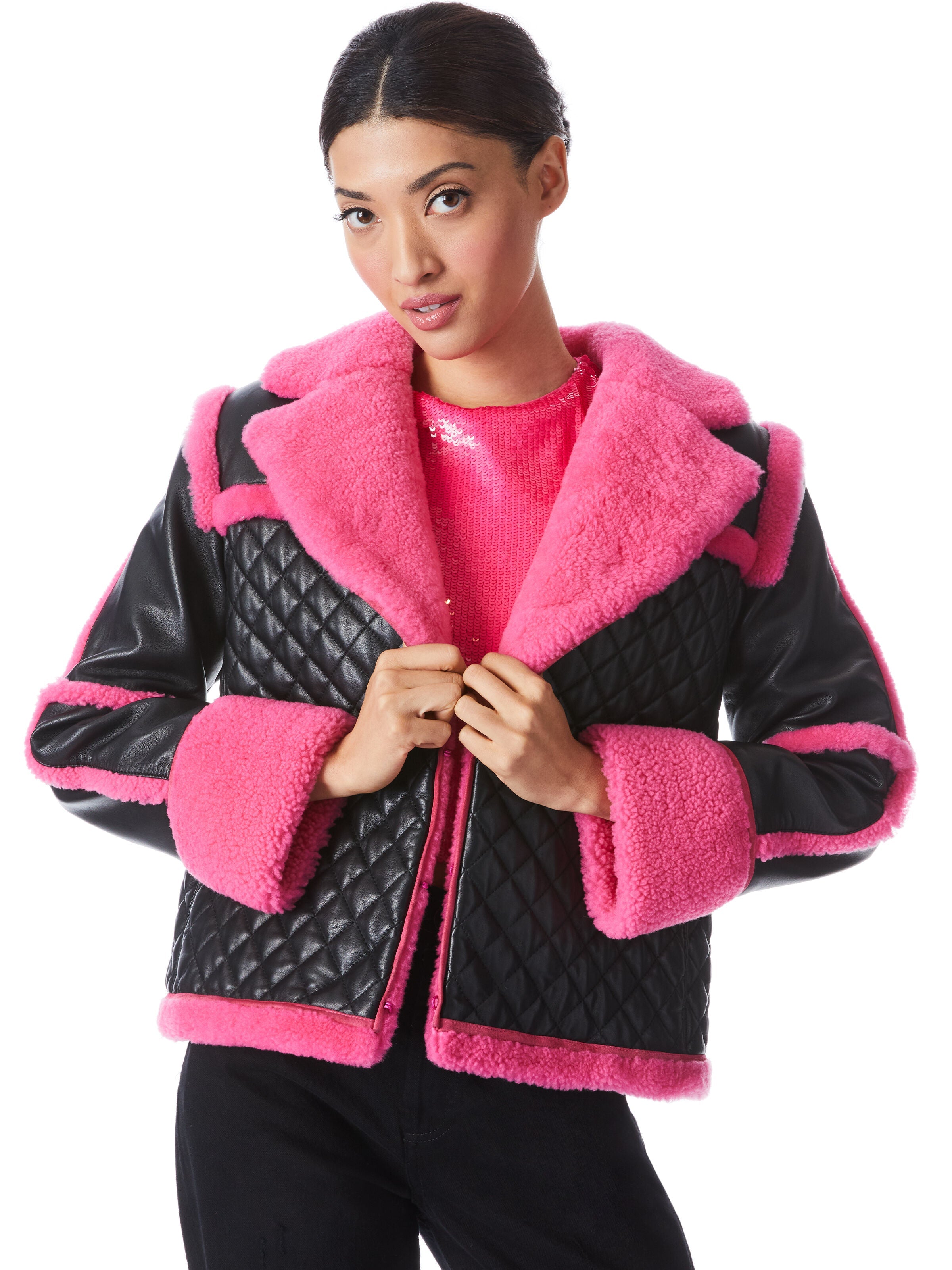 LUISANA COMBINATION LEATHER SHEARLING COAT-ALICE + OLIVIA