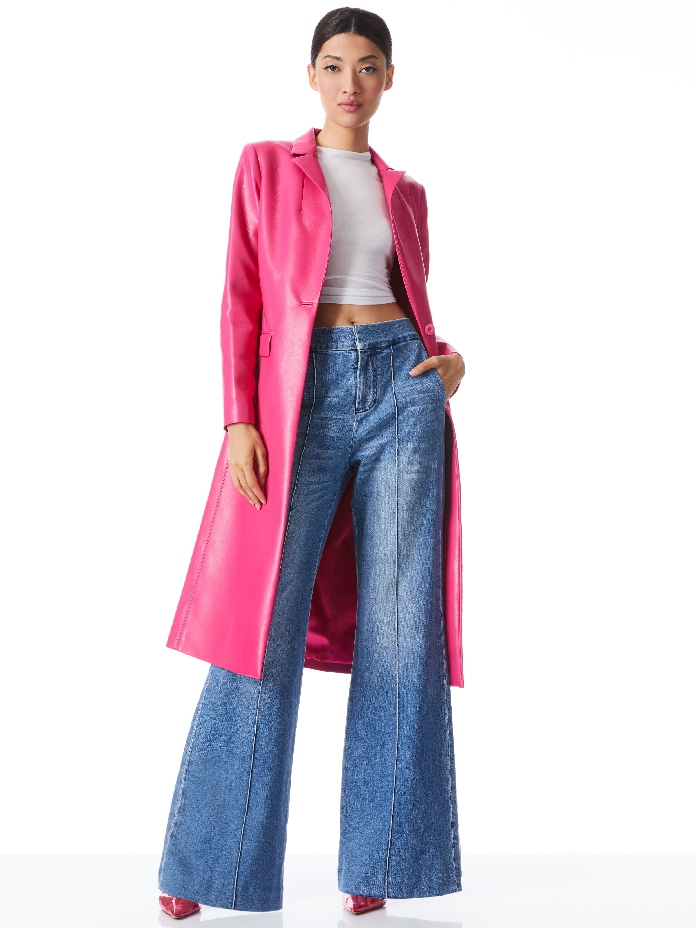 MACEY VEGAN LEATHER NOTCH COLLAR LONG BLAZER-ALICE + OLIVIA
