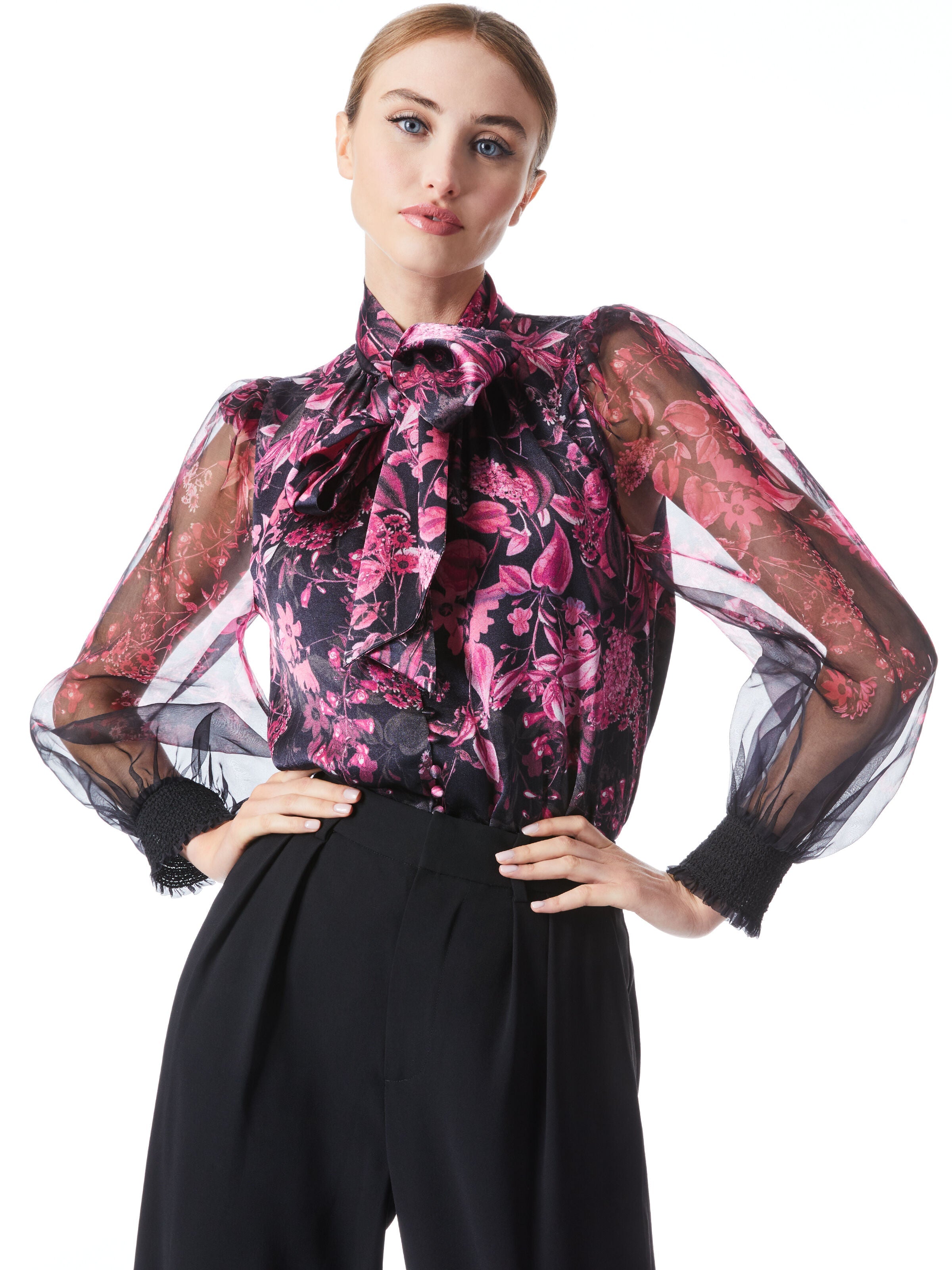 BRENTLEY TIE NECK BLOUSON SLEEVE BLOUSE-EDENS GARDEN WILD PINK-ALICE + OLIVIA