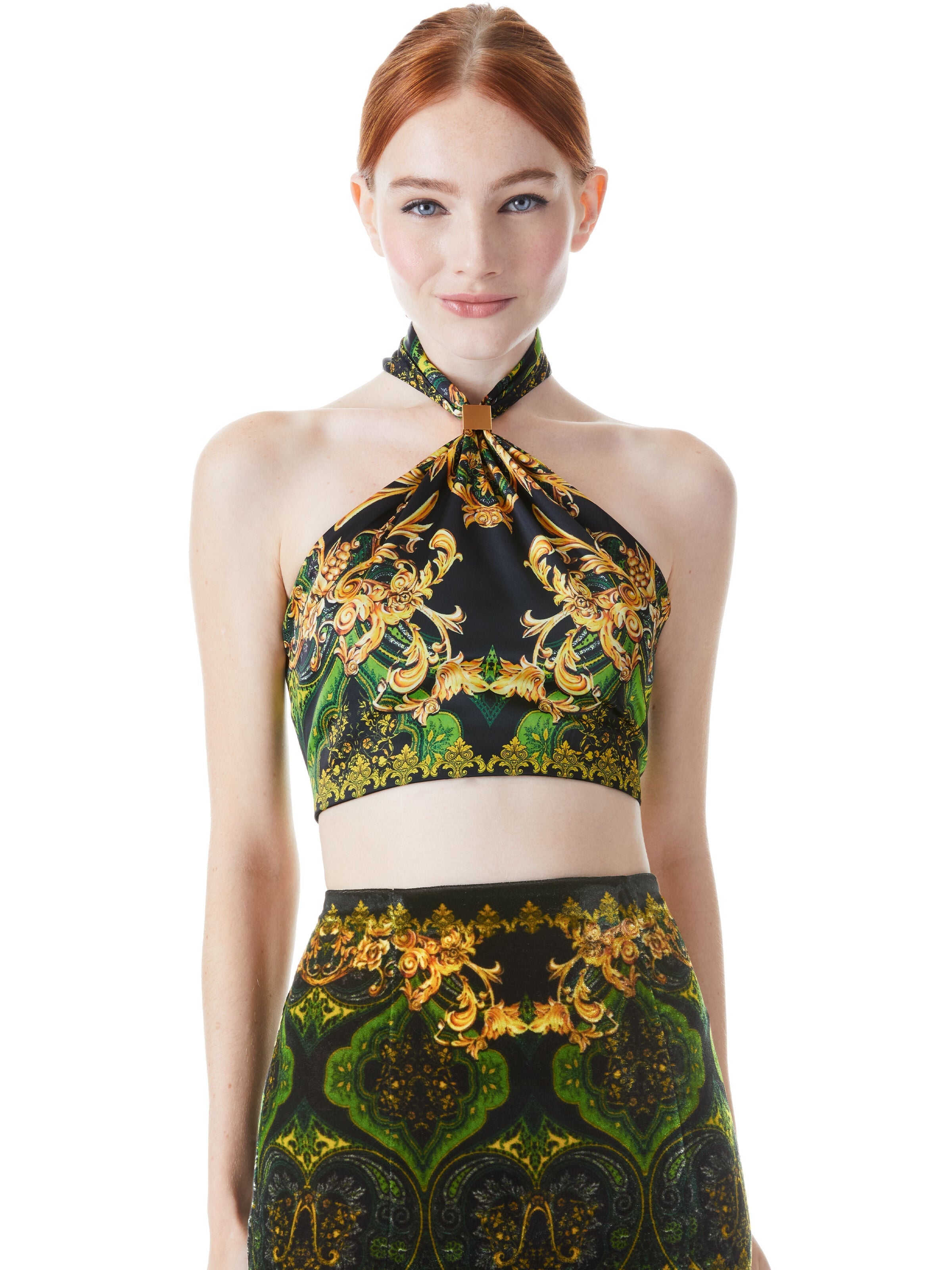 SADE VEGAN LEATHER HALTER NECK CROP TOP-ALICE + OLIVIA