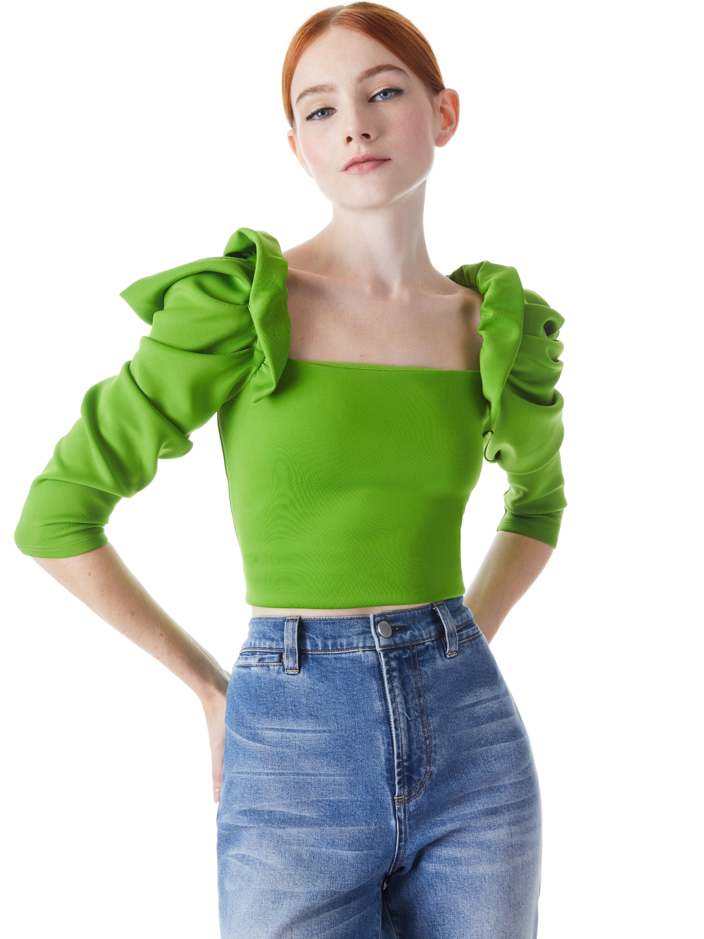 GENNY PUFF SLEEVE CROP TOP-GRASS-ALICE + OLIVIA