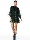 ROWEN BOW NECK BLOUSON SLEEVE TIERED DRESS-BLACK/EMERALD-ALICE + OLIVIA
