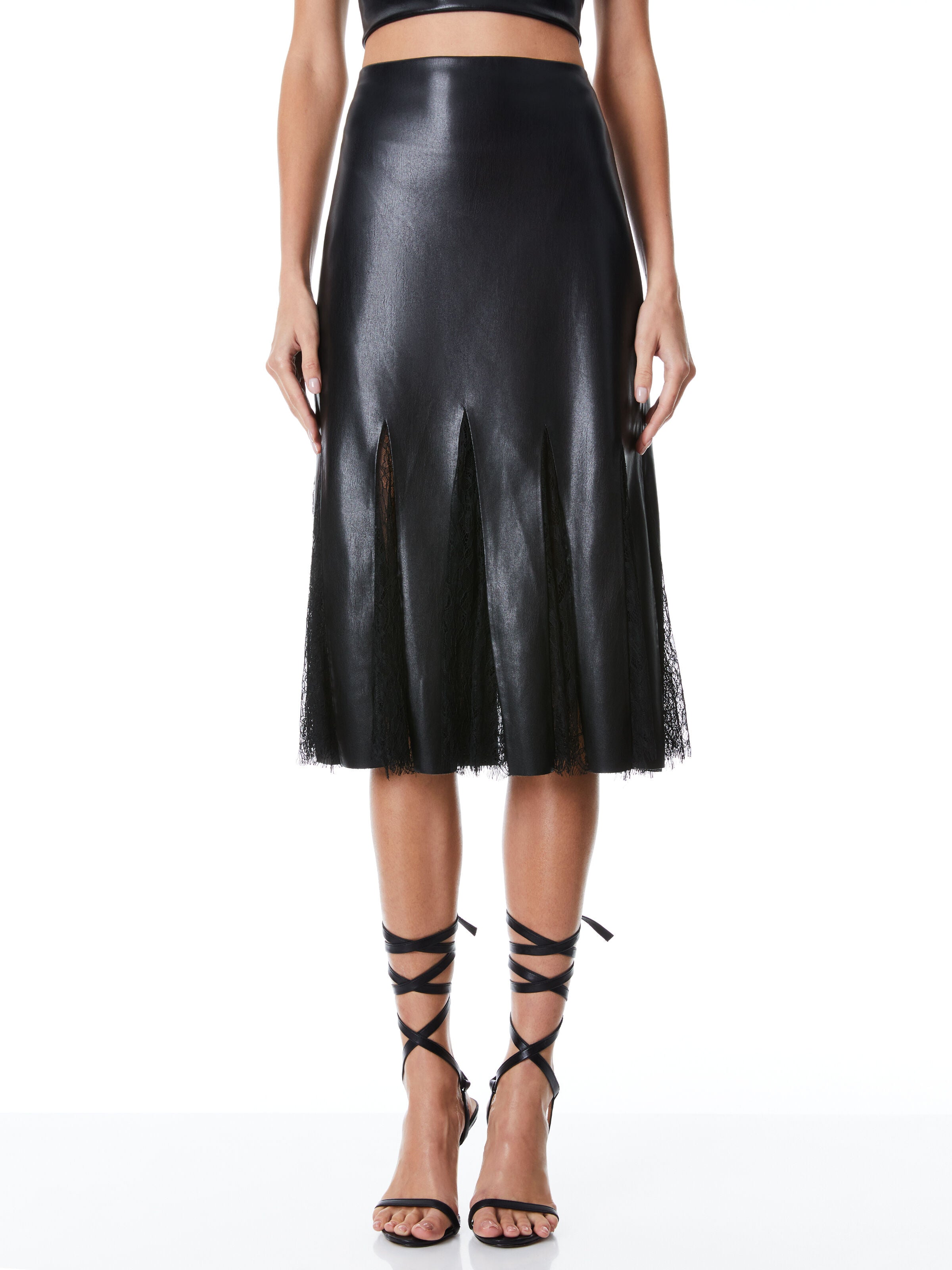 JACQUELINE VEGAN LEATHER MIDI GODET SKIRT-ALICE + OLIVIA