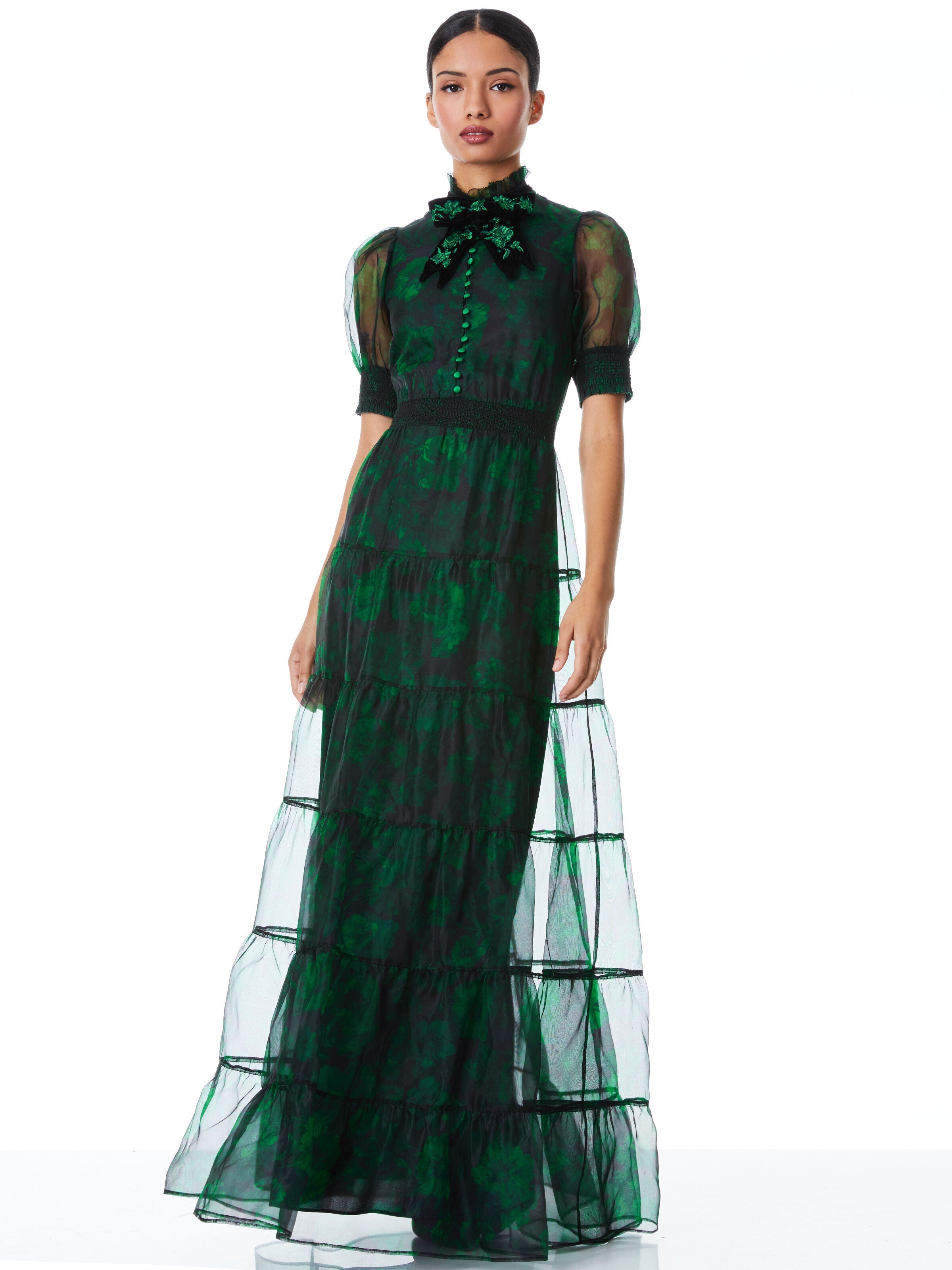 COLETTA VELVET BOW NECK BUTTON FRONT MAXI DRESS