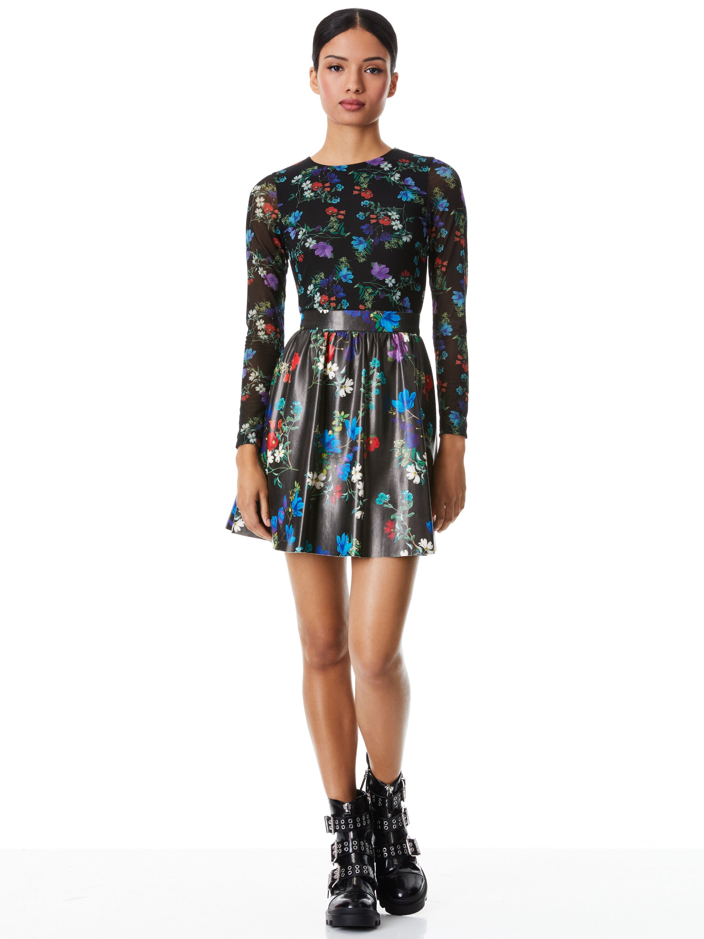 CHARA VEGAN MINI DRESS-BEAUTIFUL BLOOMS MD BLACK-ALICE + OLIVIA