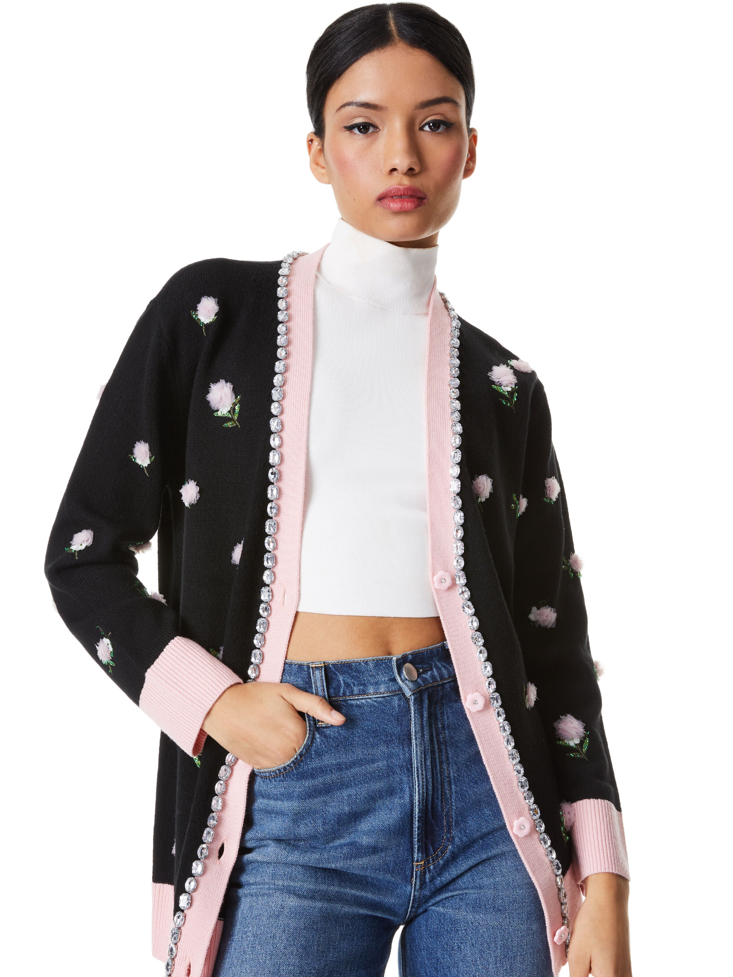 BRADFORD EMBELLISHED GRANDPA CARDIGAN-BLACK/PETAL-ALICE + OLIVIA