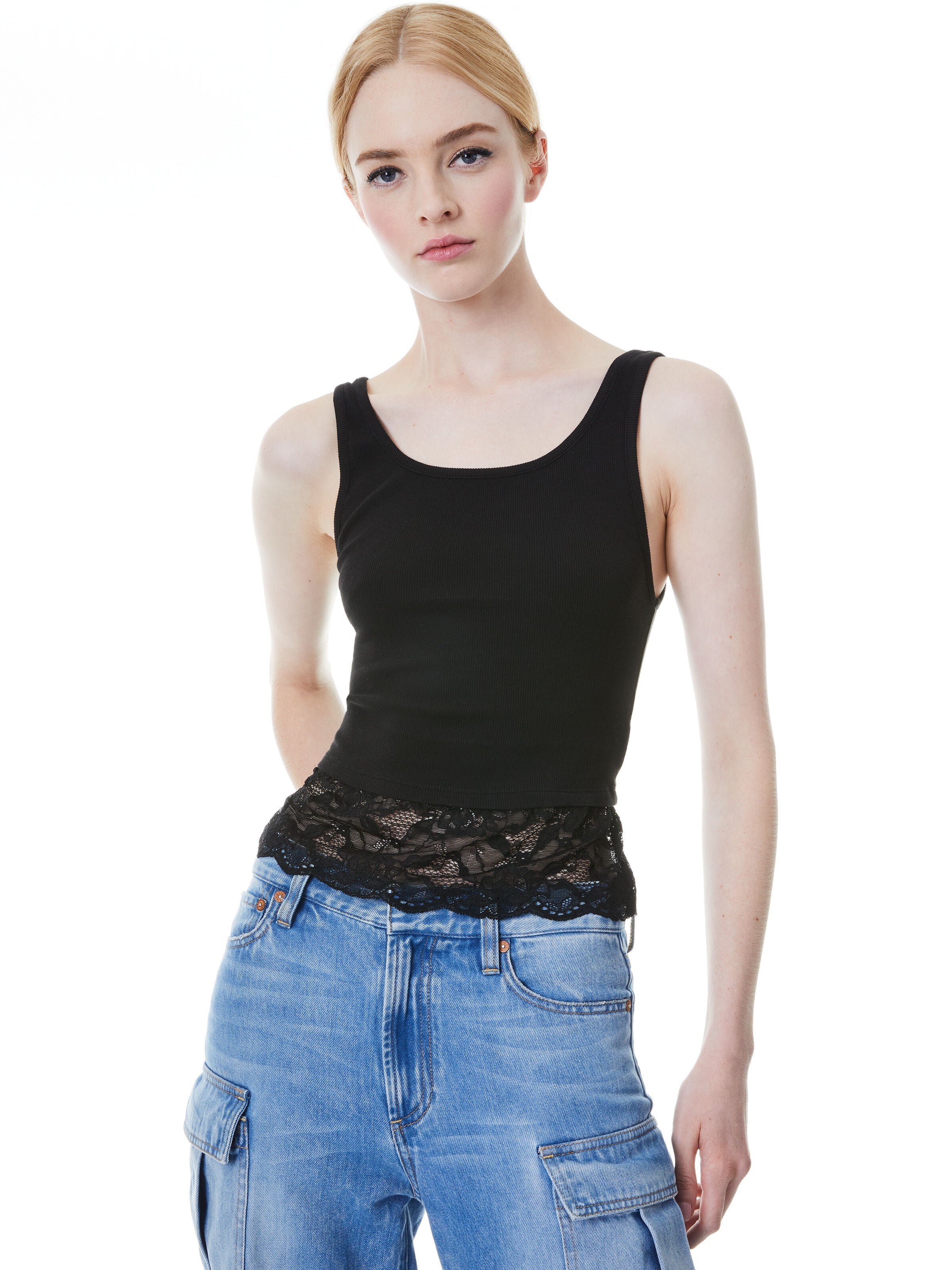 JEMI RIBBED LACE TANK-BLACK/BLACK-ALICE + OLIVIA