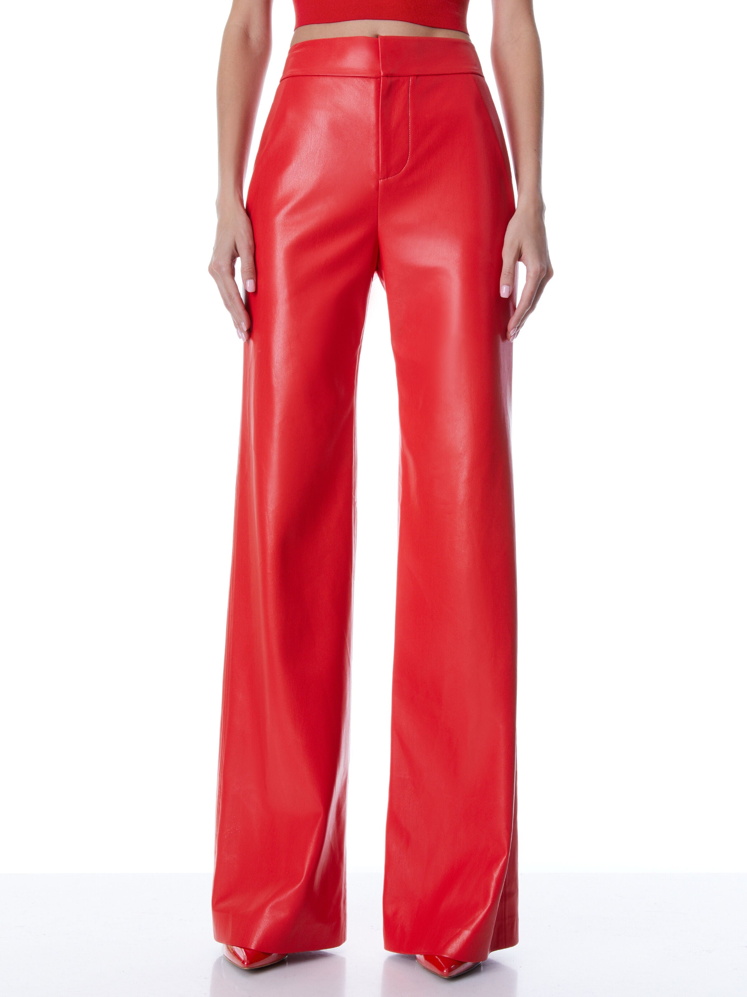 DEANNA HIGH WAISTED VEGAN LEATHER BOOTCUT PANT-BRIGHT POPPY-ALICE + OLIVIA