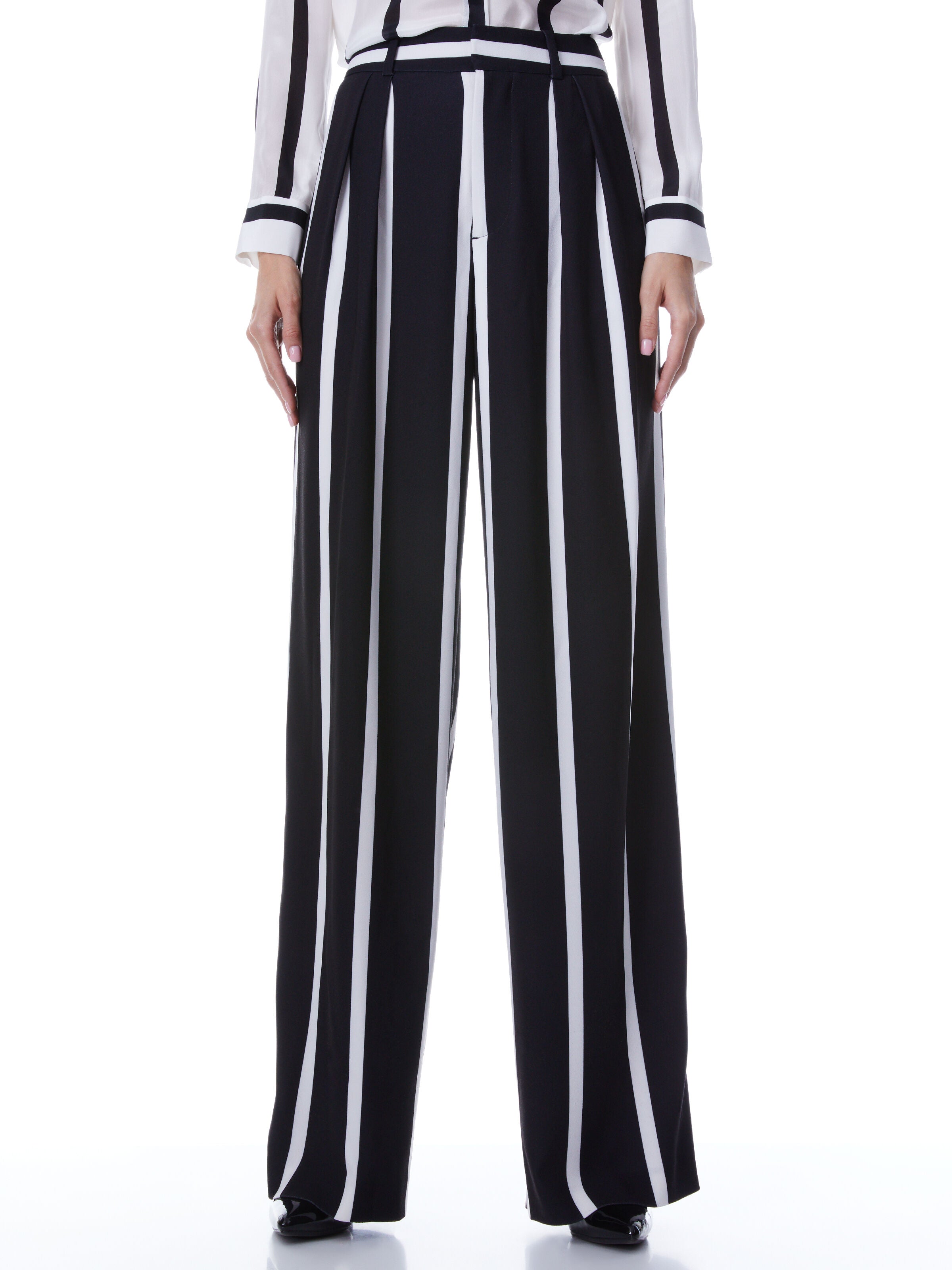 POMPEY HIGH WAISTED PLEATED PANTS-MODERN VERTICAL STRIPE BLK/OWT-ALICE + OLIVIA