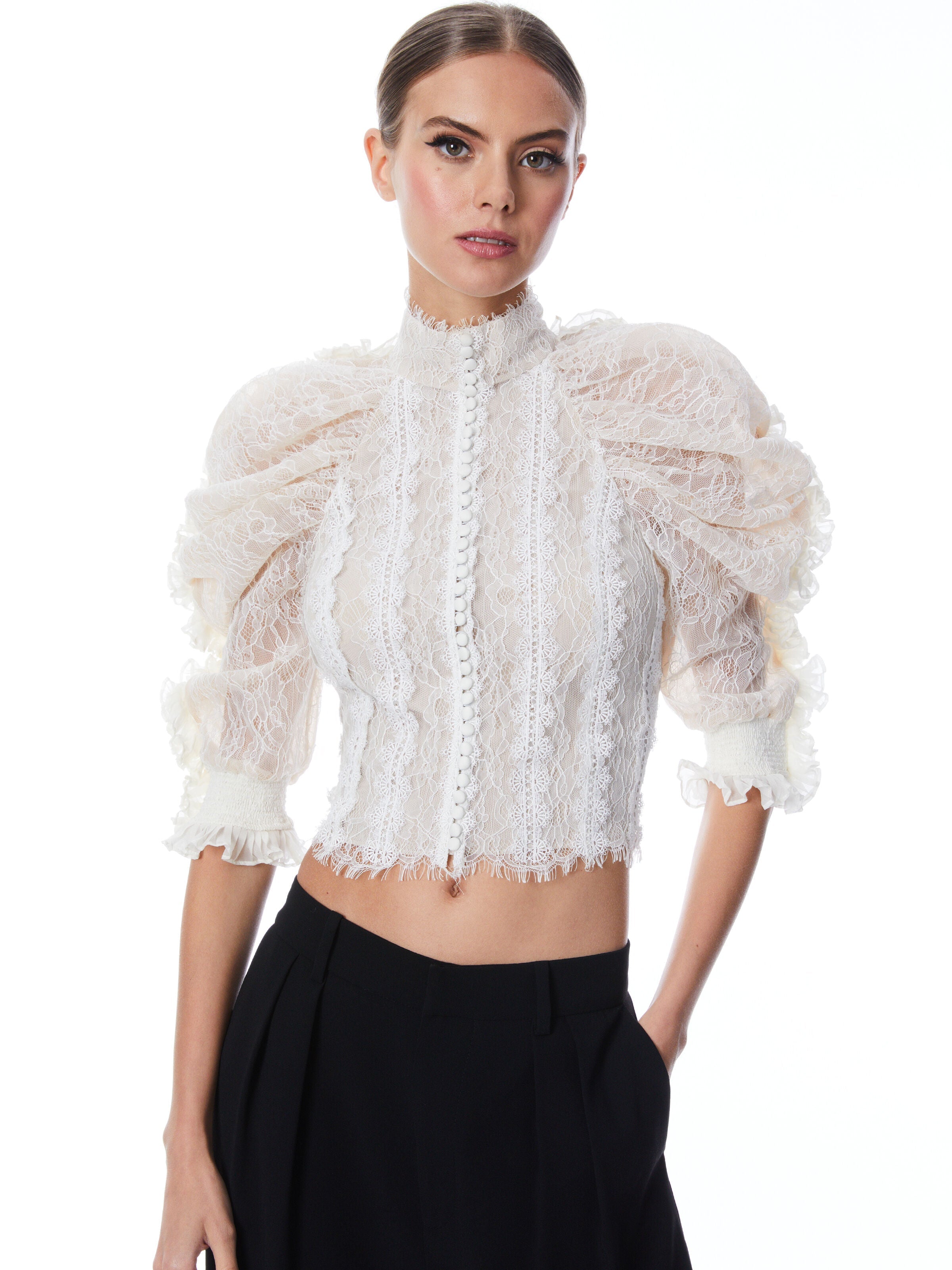 BRENNA BUTTON FRONT RUFFLE SLEEVE CROP TOP-ALICE + OLIVIA