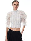 BRENNA BUTTON FRONT RUFFLE SLEEVE CROP TOP-ALICE + OLIVIA