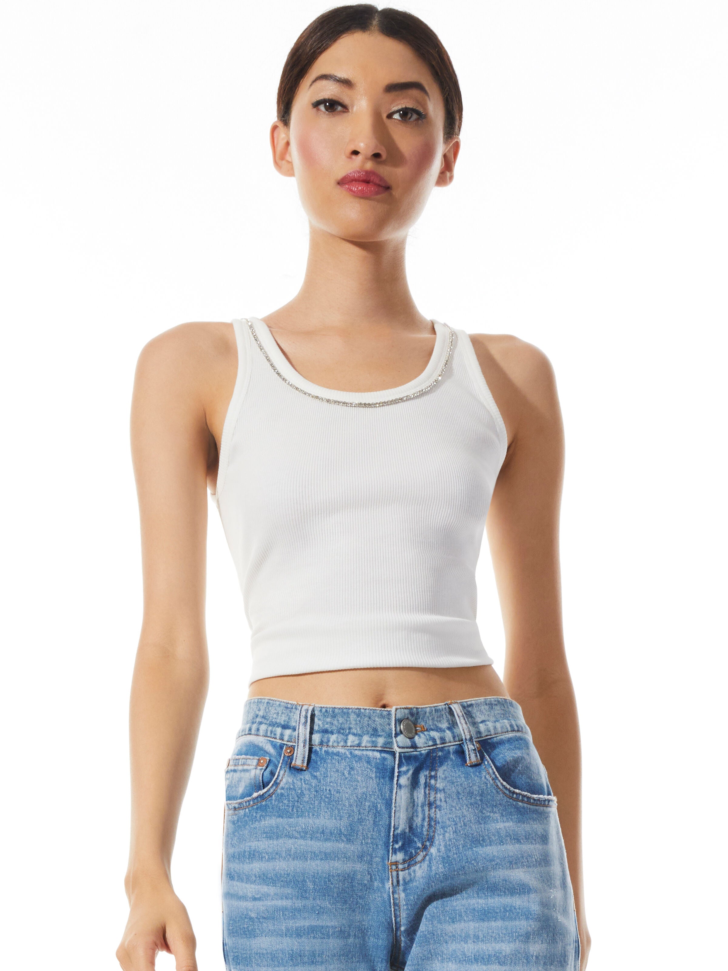ALLEN EMBELLISHED NECK RIBBED TANK-Black-ALICE + OLIVIA