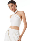 SADE VEGAN LEATHER KNOTTED HALTER NECK CROP TOP-ALICE + OLIVIA