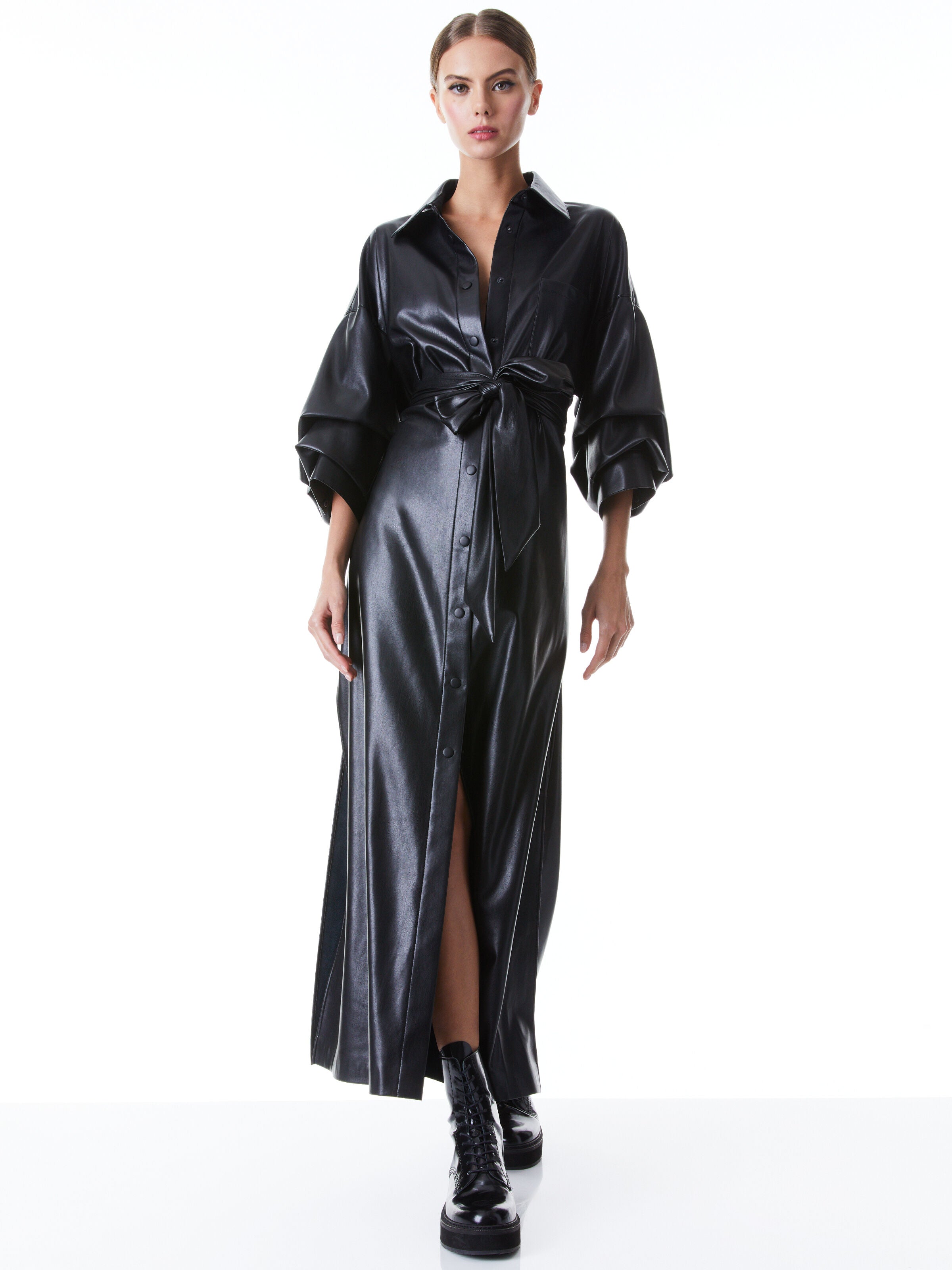 TANIKA VEGAN LEATHER BUTTON FRONT MAXI DRESS-ALICE + OLIVIA