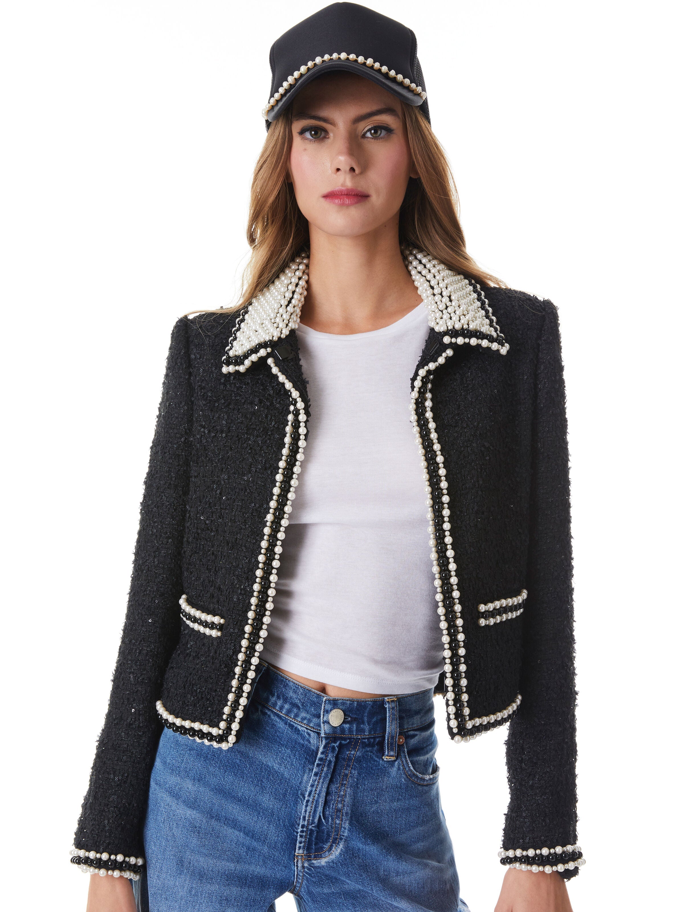 KIDMAN PEARL EMBELLISHED COLLARED JACKET-ALICE + OLIVIA