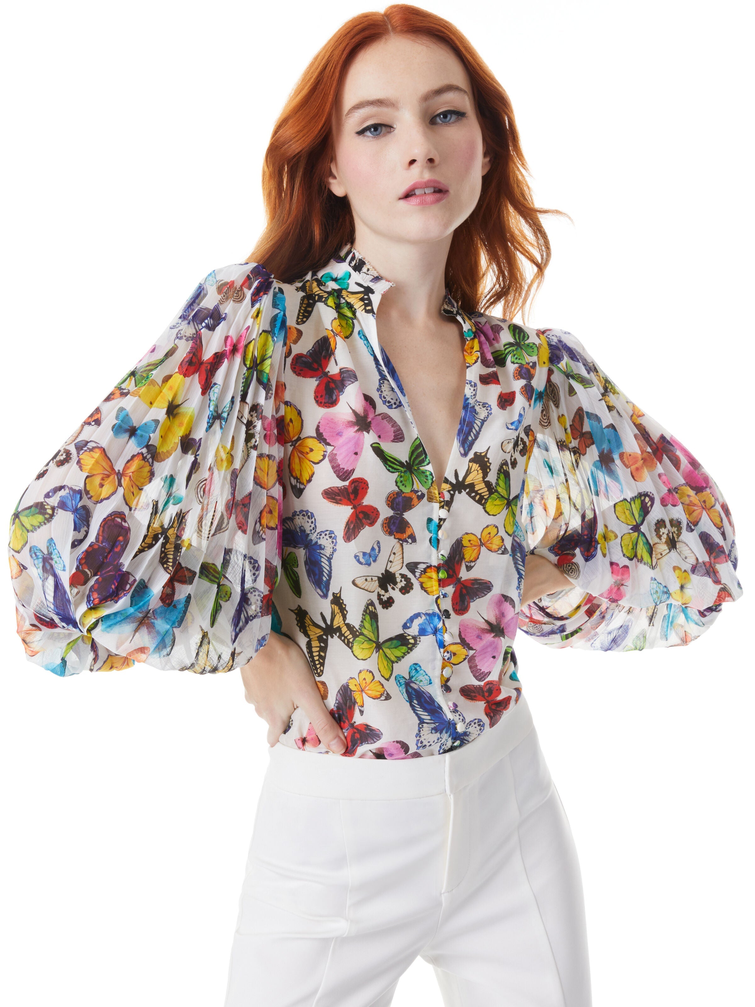 ILAN SMOCKED SLEEVE BUTTON FRONT BLOUSE-ALICE + OLIVIA