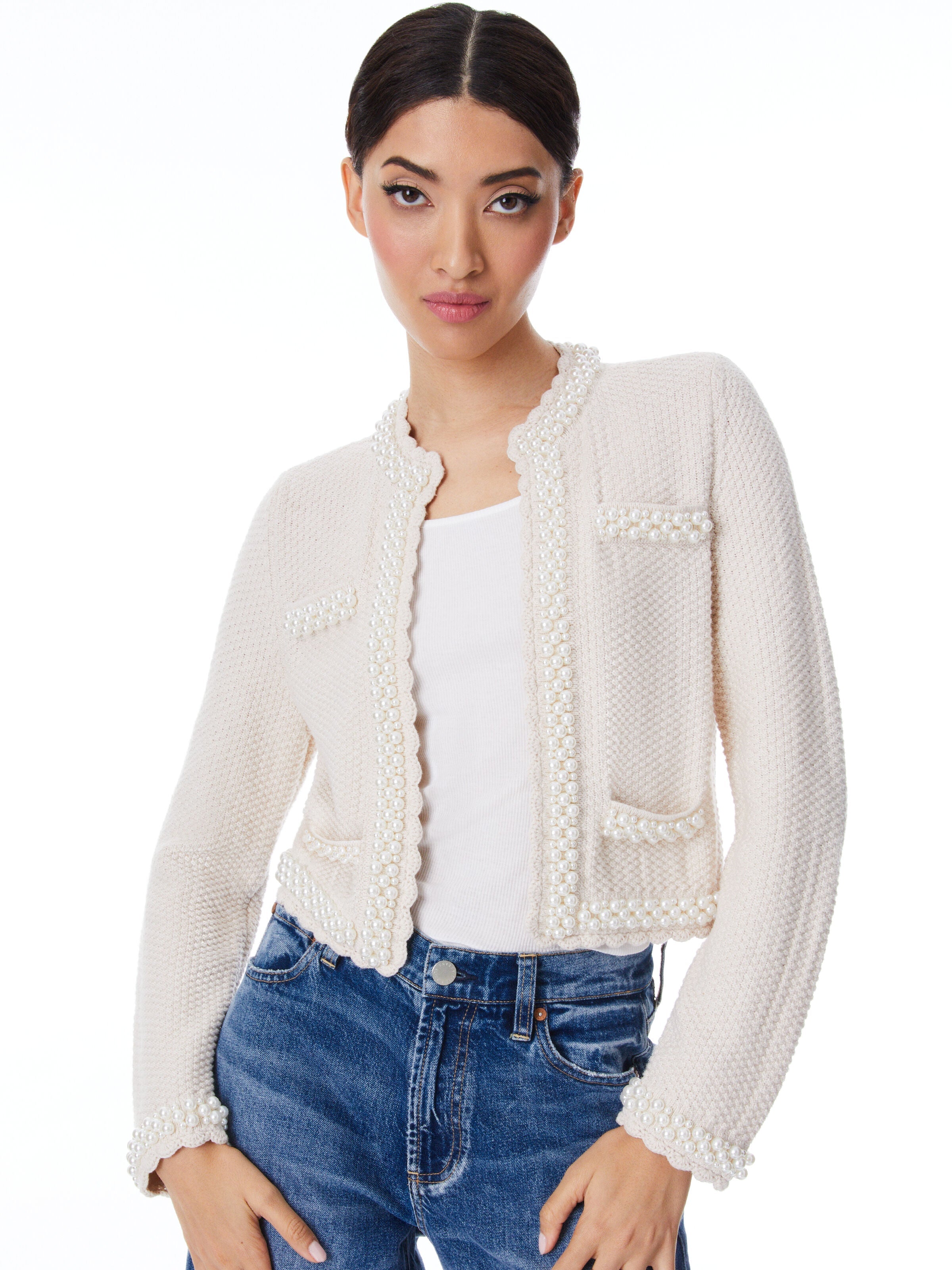 NOELLA KNIT JACKET WITH PEARLS-ALICE + OLIVIA