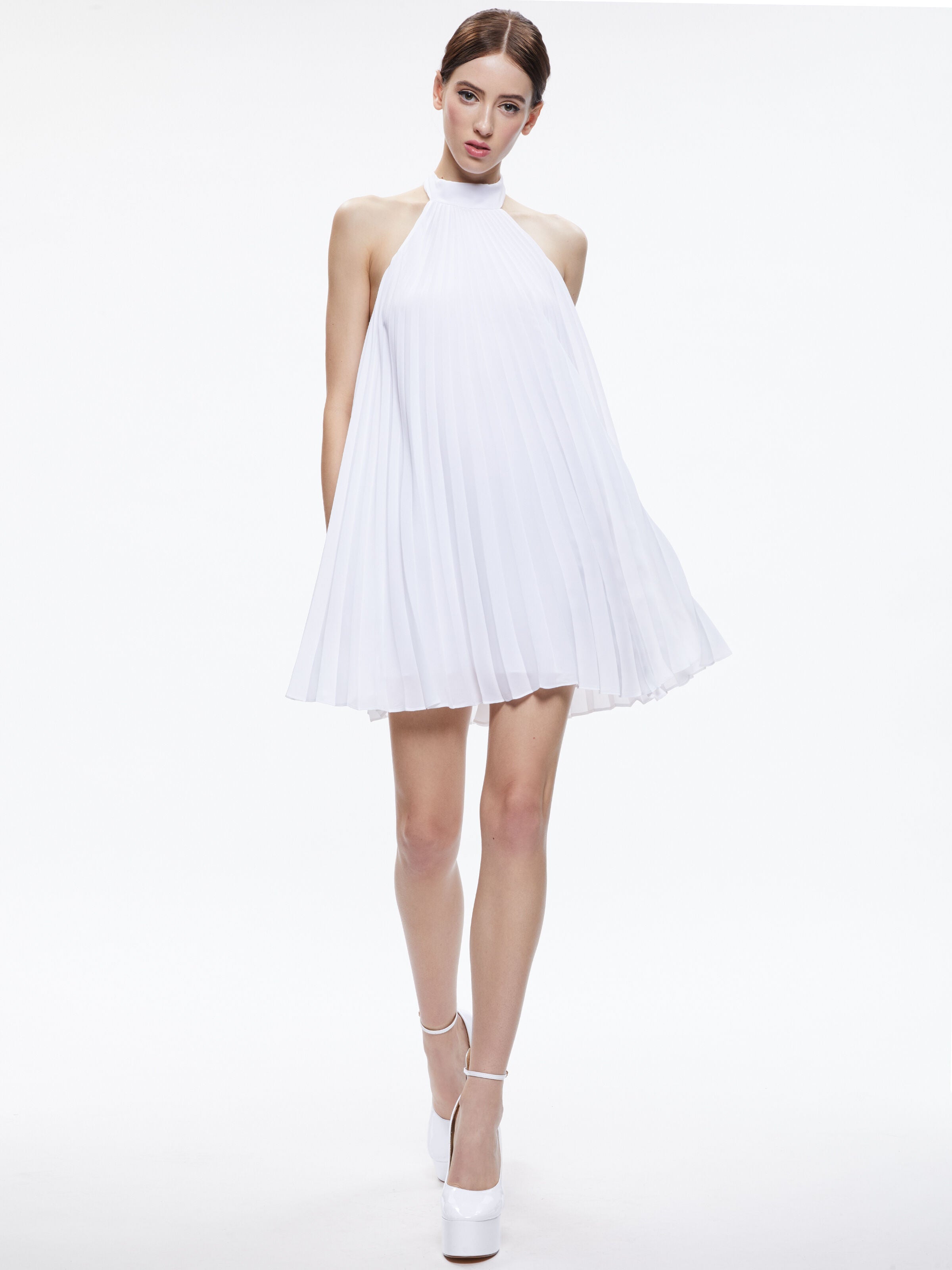 AVIANA HALTERNECK SUNBURST PLEAT MINI DRESS-ALICE + OLIVIA