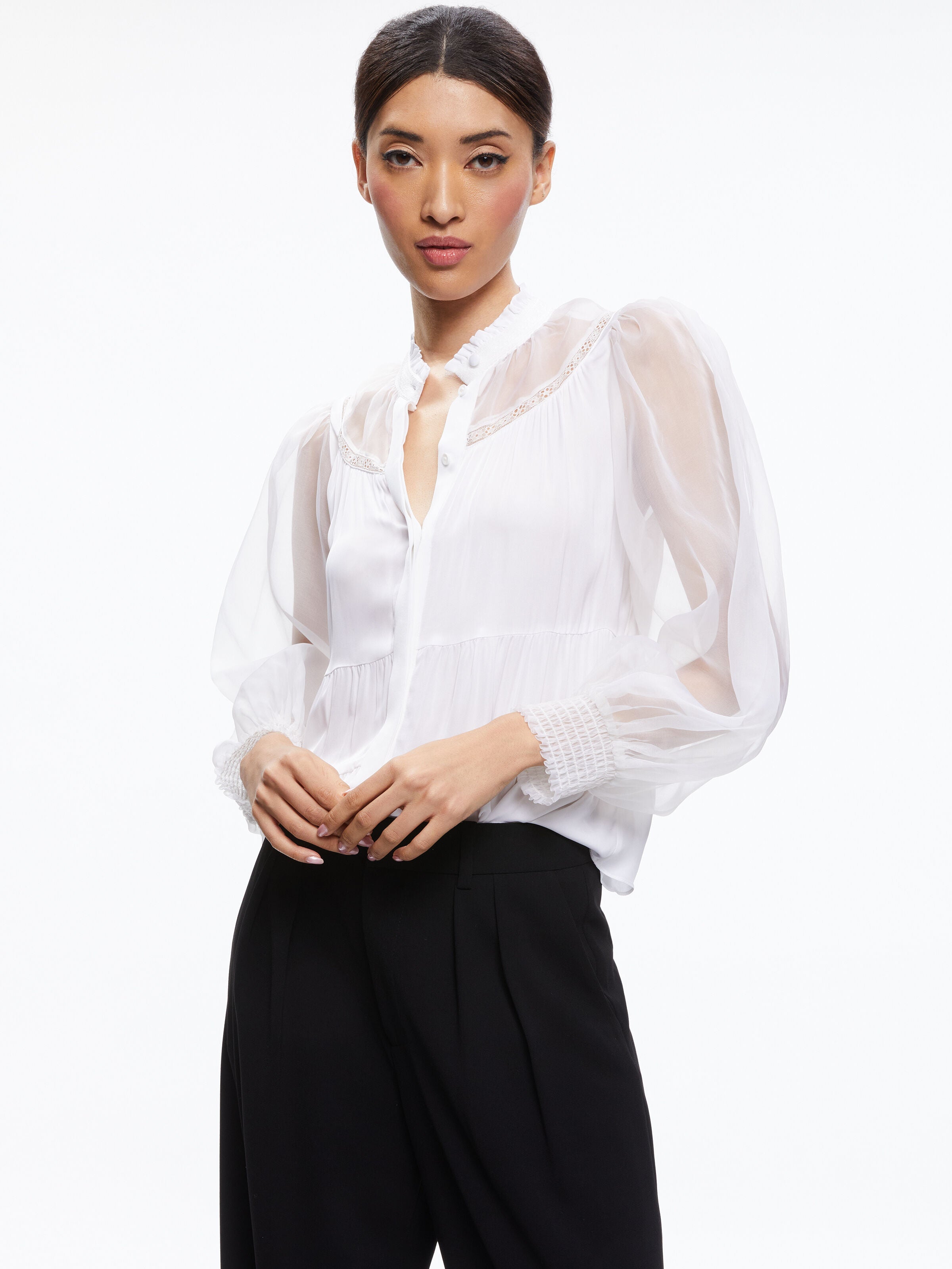 JACLYN GATHERED SMOCKED BLOUSON SLEEVE BLOUSE