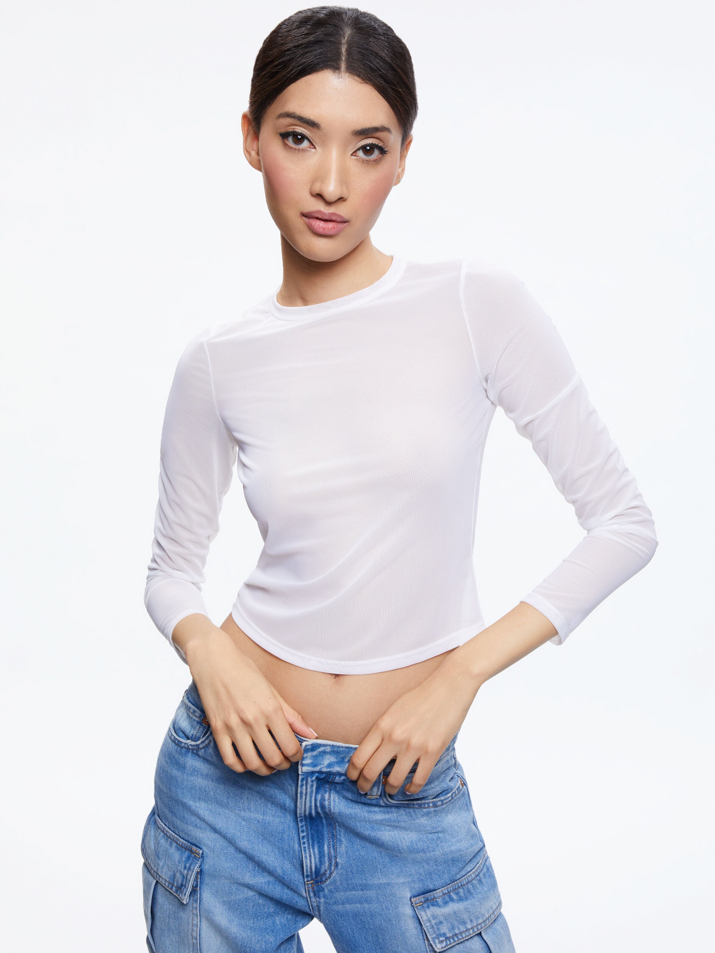 DELAINA LONG SLEEVE MESH CROP TOP-White-ALICE + OLIVIA