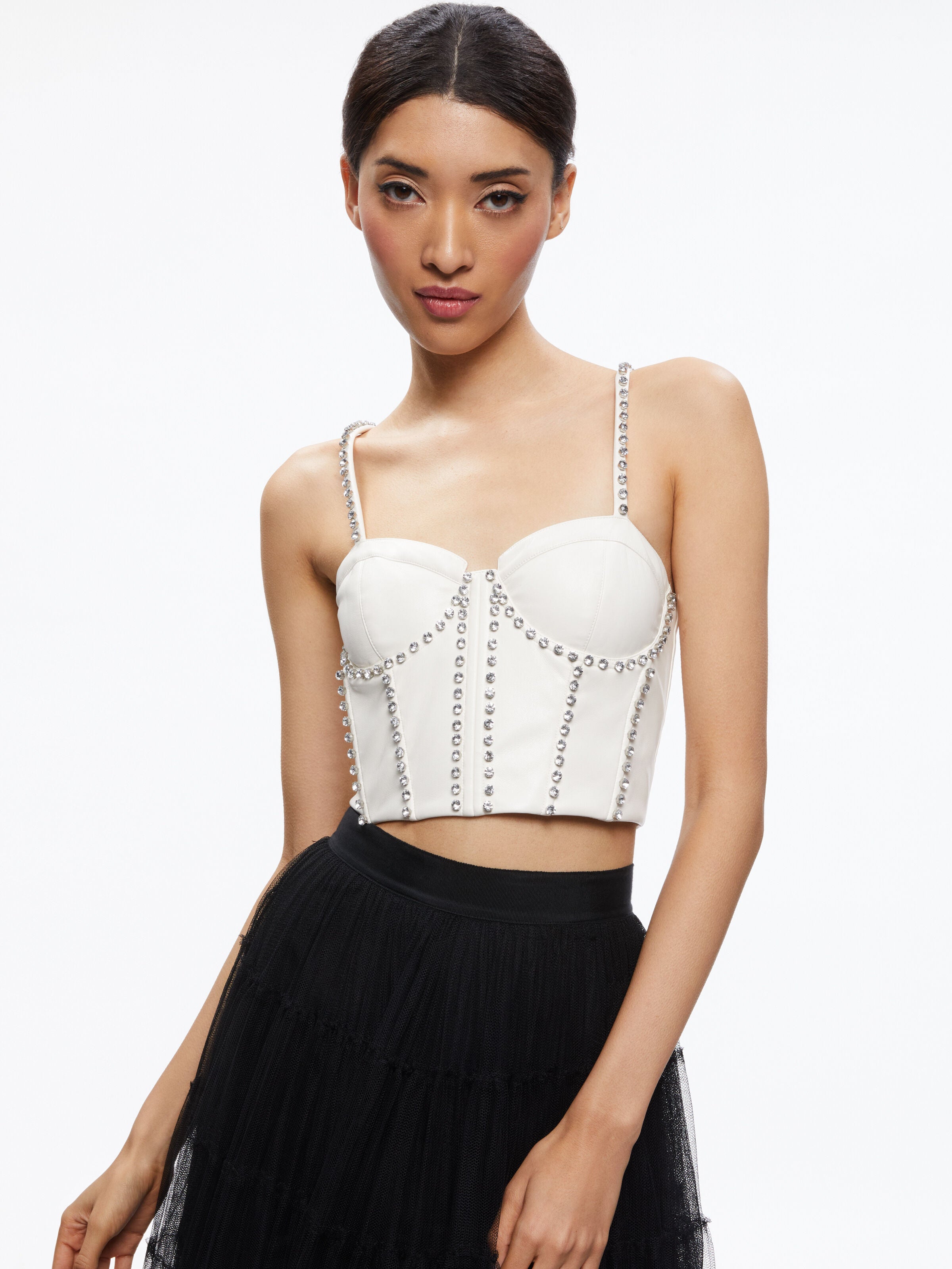 JEANNA BUSTIER VEGAN LEATHER CROP TOP-ALICE + OLIVIA