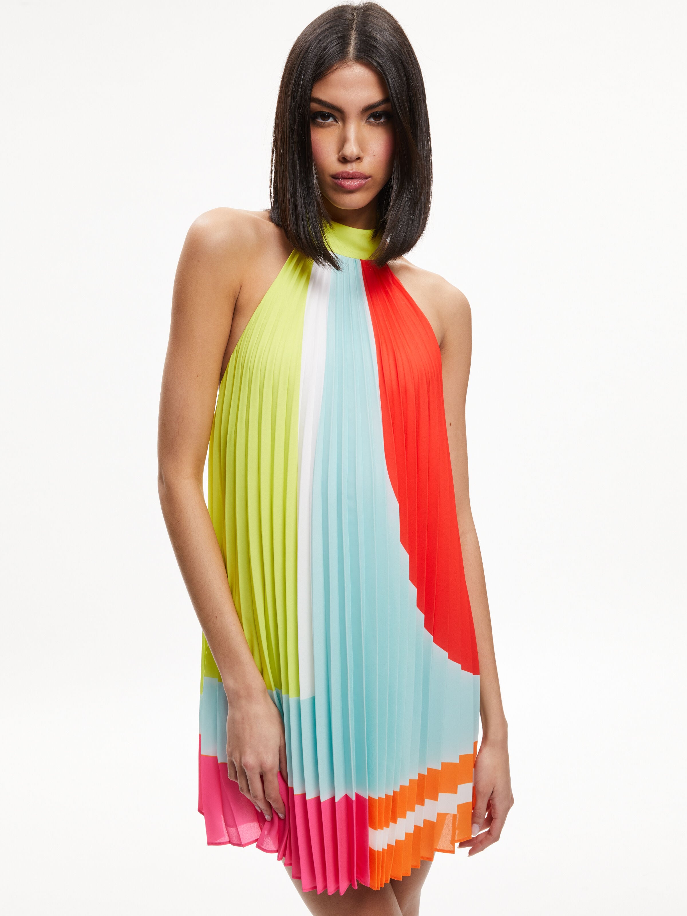 AVIANA HALTERNECK SUNBURST PLEATED MINI DRESS-ALICE + OLIVIA
