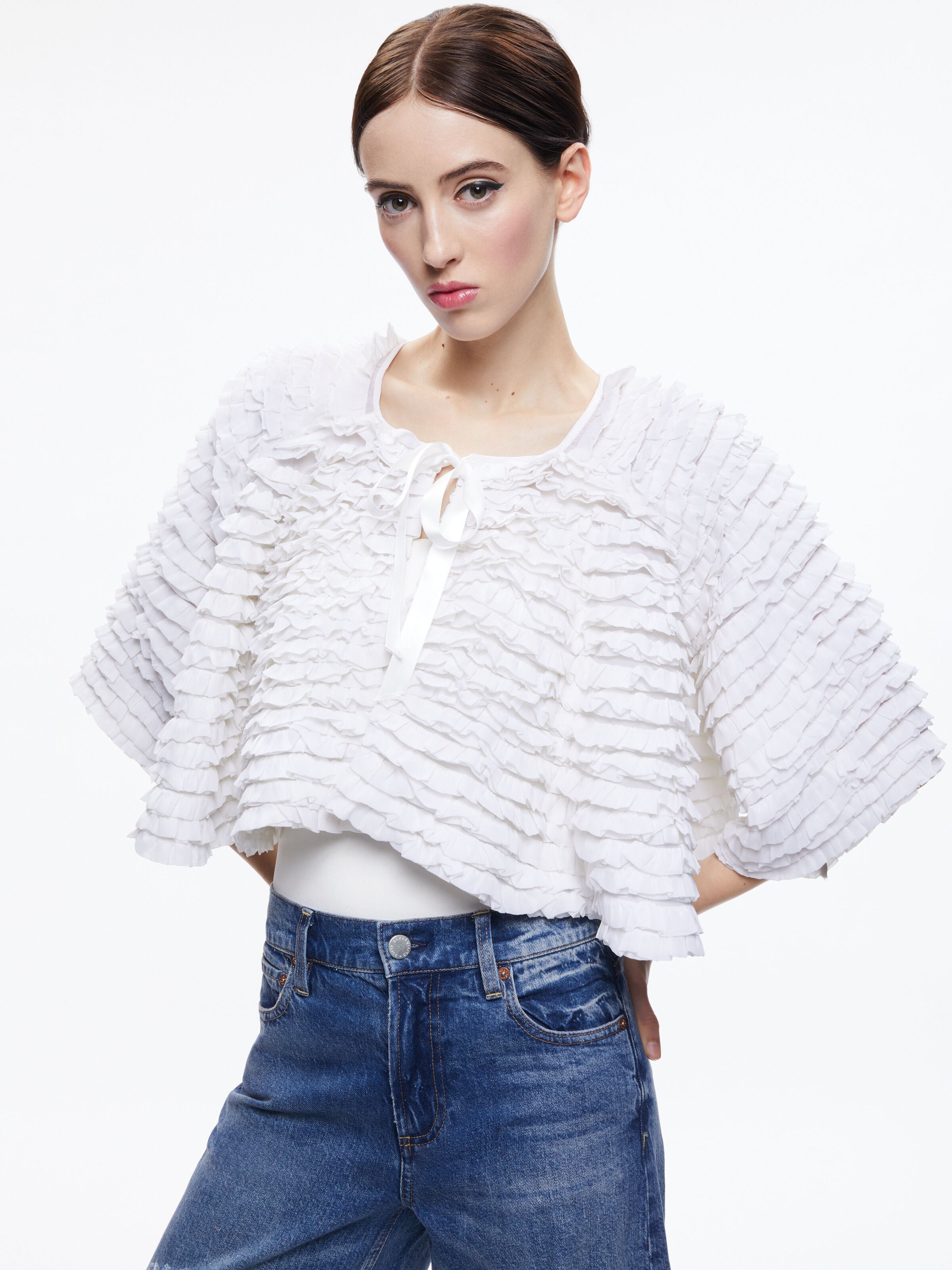 LOREE RUFFLE TIE FRONT CROPPED JACKET-ALICE + OLIVIA