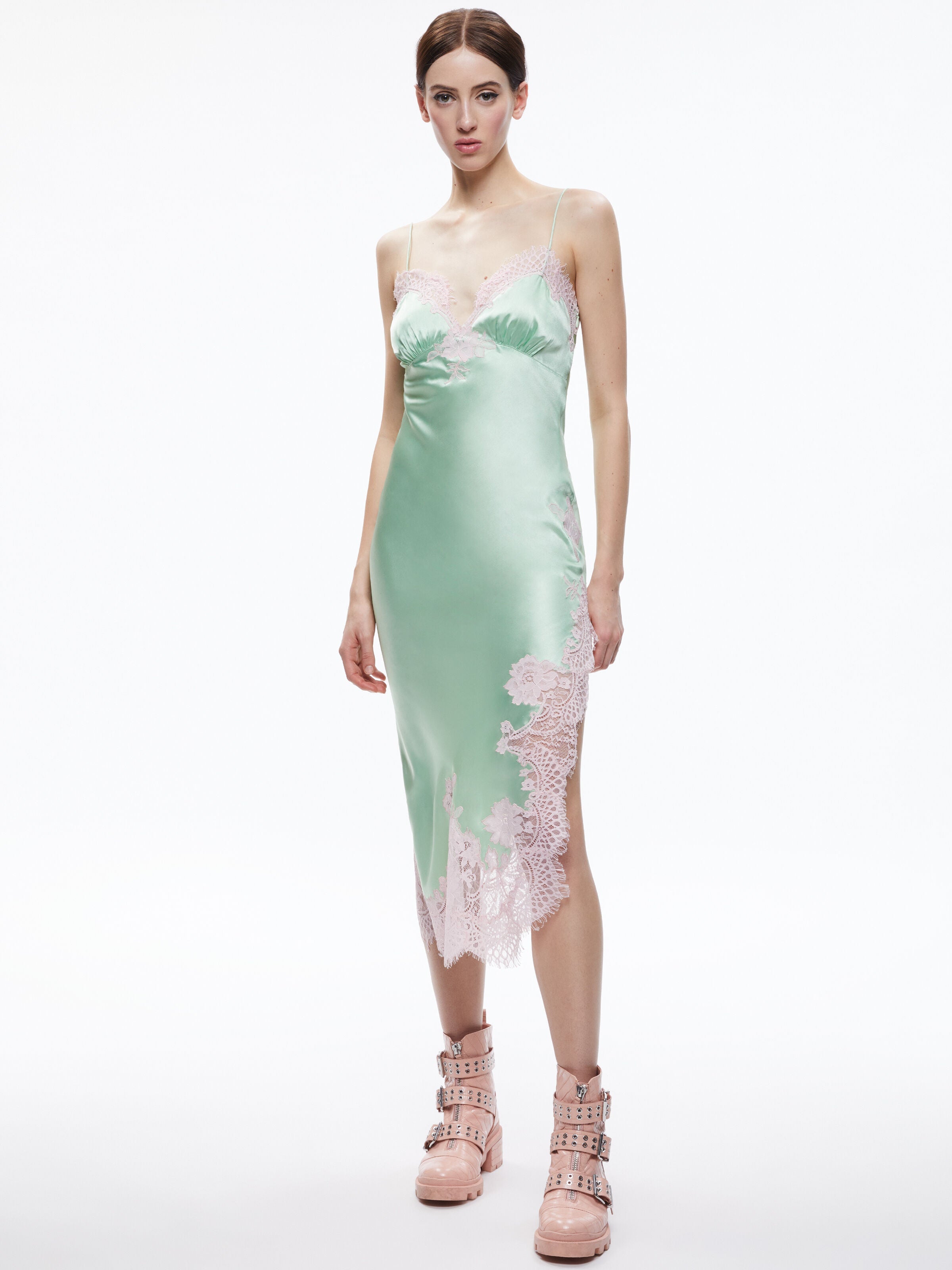 KERR LACE TRIM ASYMMETRICAL SLIP MIDI DRESS-ALICE + OLIVIA