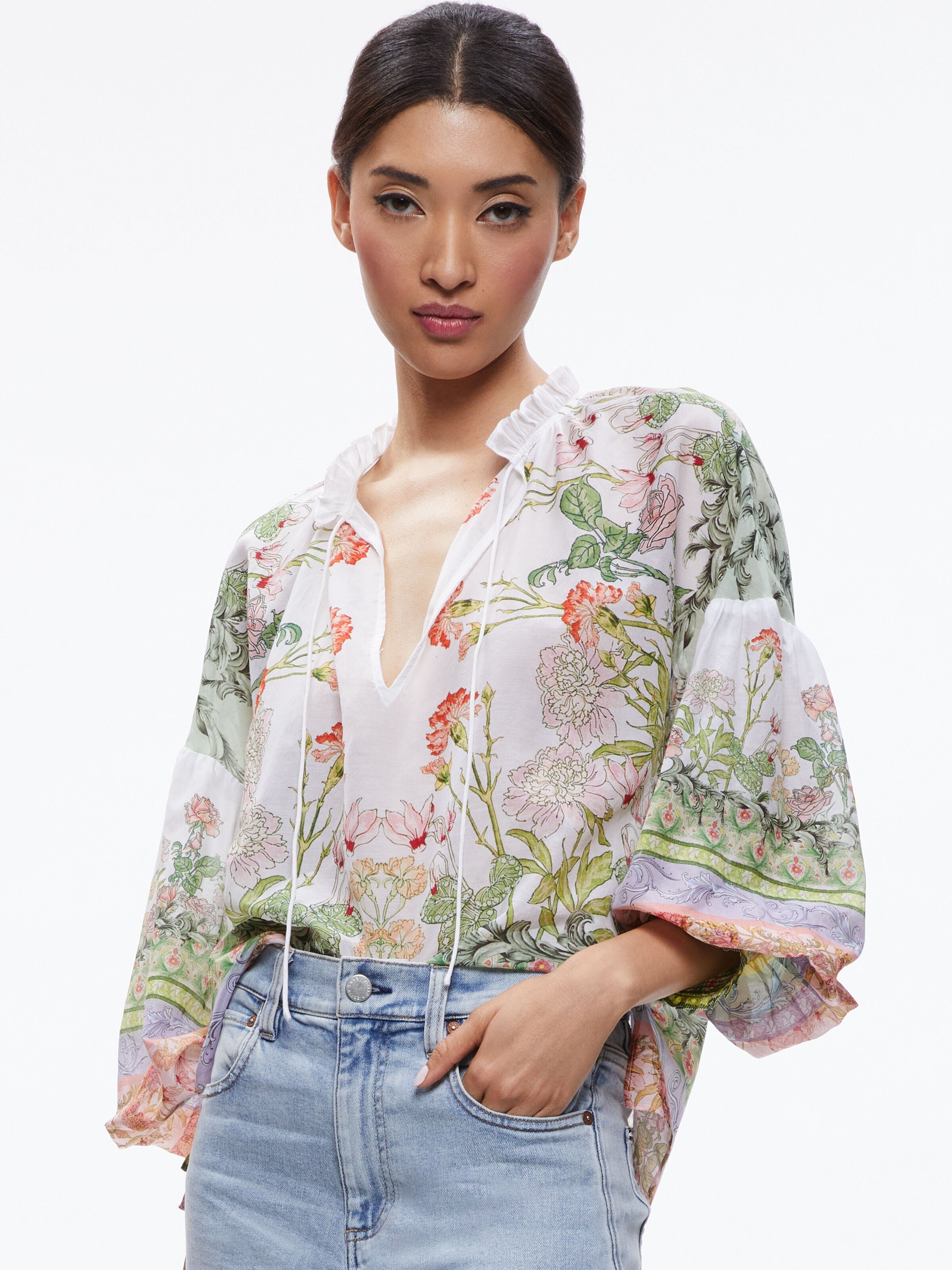JULIUS BLOUSON SLEEVE TIE FRONT TOP-FLORAL FEST-ALICE + OLIVIA