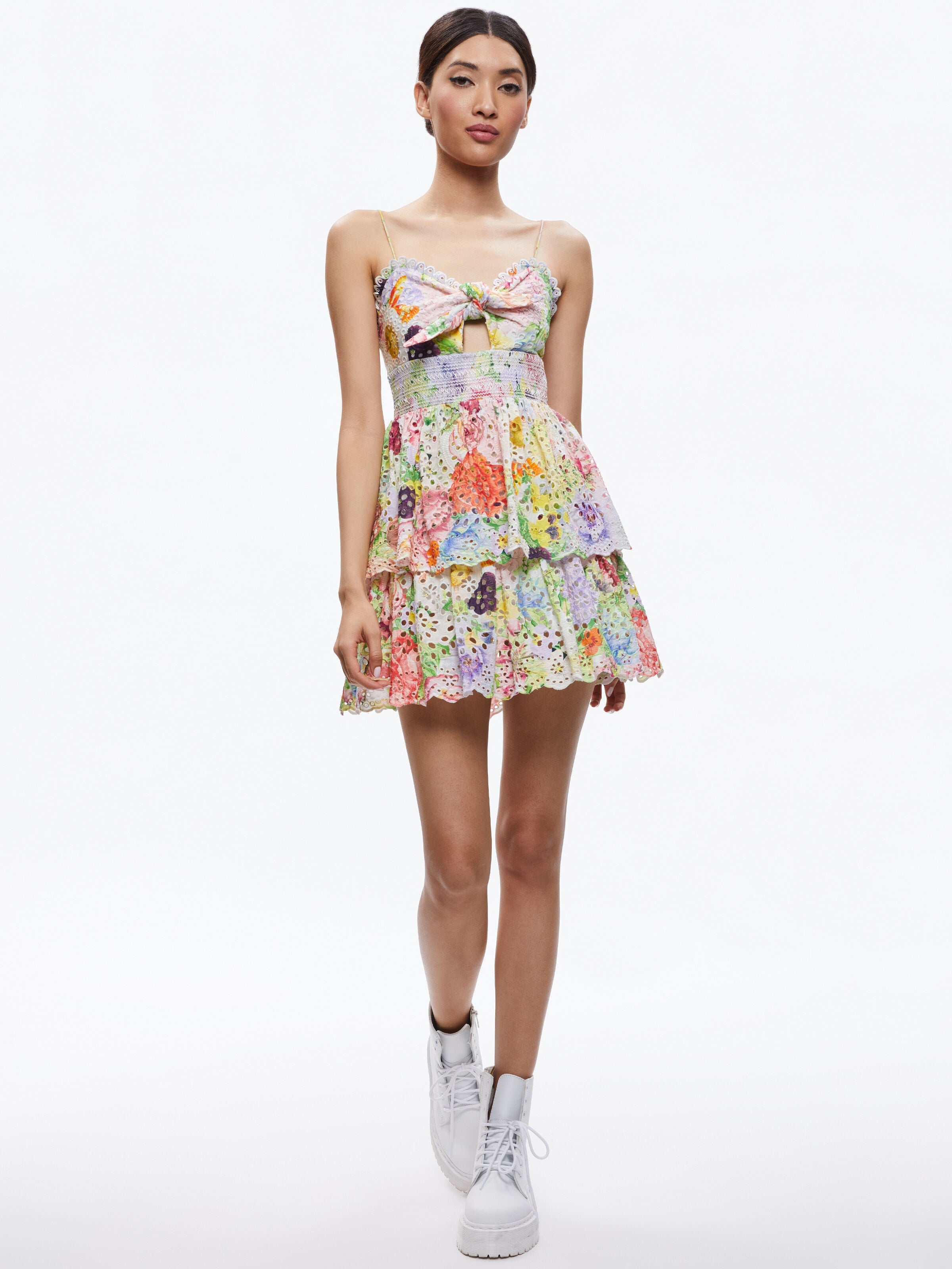 FINA TIE FRONT SMOCKED WAIST RUFFLE MINI DRESS-ALICE + OLIVIA
