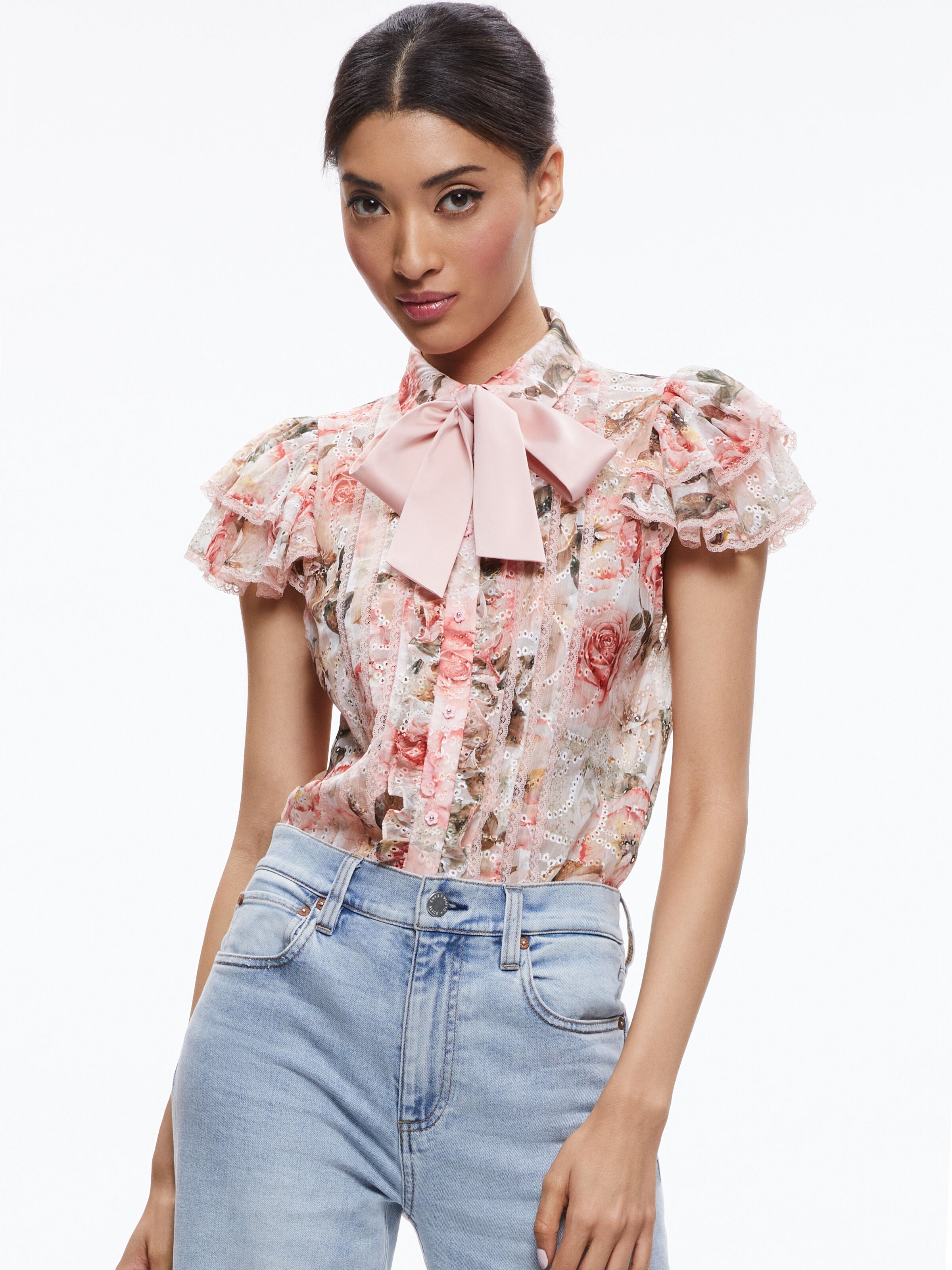MINDA RUFFLE SLEEVE BLOUSE WITH TIE NECK-MORNINGSIDE FLORAL WHITE-ALICE + OLIVIA