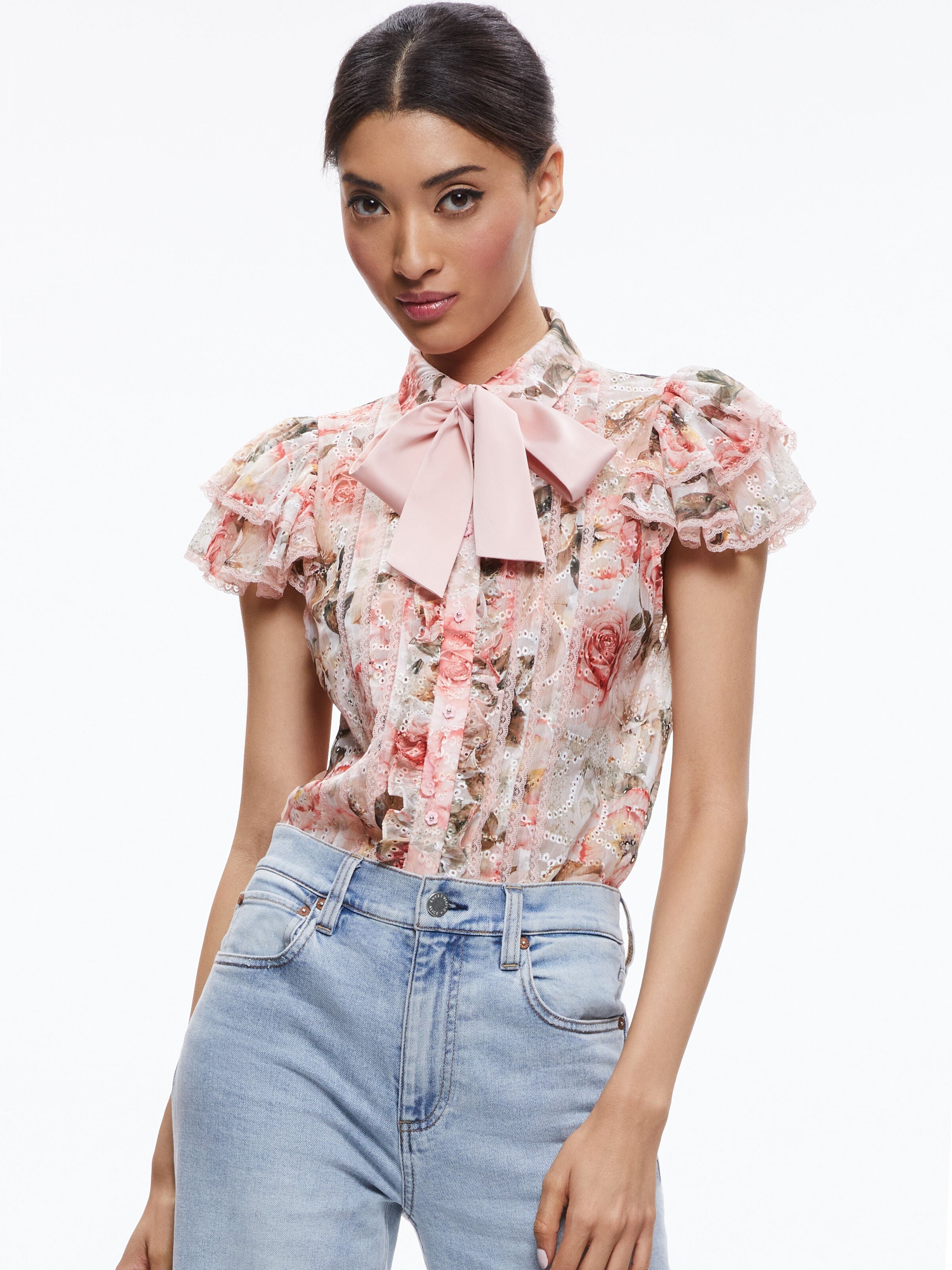 MINDA RUFFLE SLEEVE BLOUSE WITH TIE NECK-MORNINGSIDE FLORAL WHITE-ALICE + OLIVIA